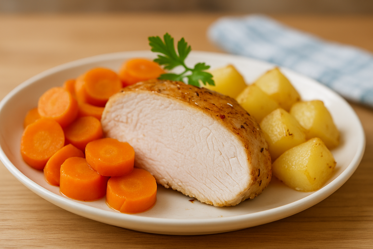 Obraz przedstawia talerz z porcją soczystego pieczonego kurczaka, podaną z marchewką i ziemniakami. Całość udekorowana świeżą natką pietruszki, na jasnym tle. Idealne danie obiadowe.