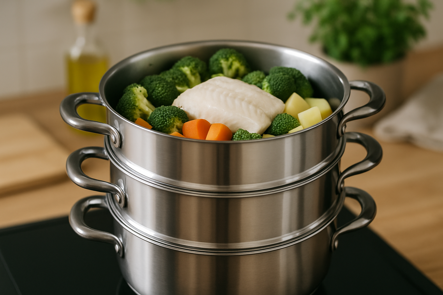 Garnek do gotowania na parze z rybą i warzywami, takimi jak brokuły, marchewka i ziemniaki, w nowoczesnej kuchni. Zdrowe gotowanie na parze, dieta roślinna.
