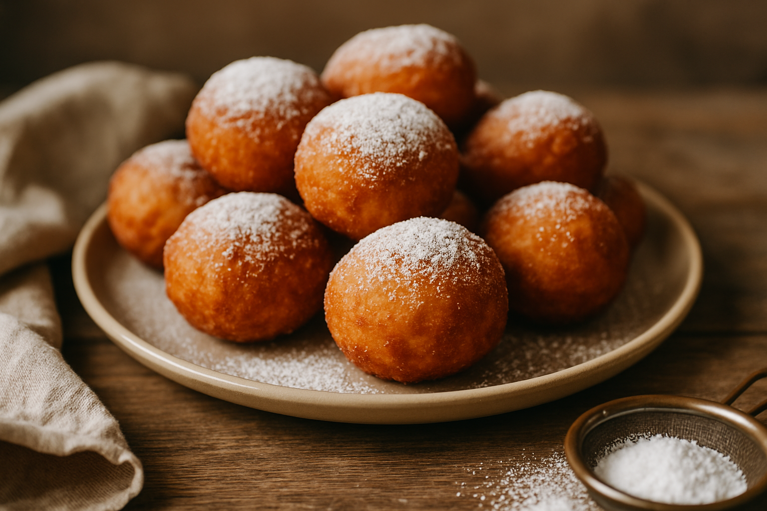 cover-277725 Pyszne, złociste pączki posypane cukrem pudrem, ułożone na talerzu, obok którego znajduje się łyżeczka z dodatkowymi cukrem. Idealna na słodki poczęstunek.