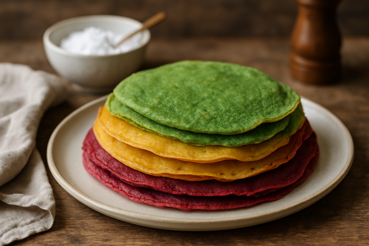 cover-277734 Kolorowe tortille ułożone na talerzu, w odcieniach zieleni, żółci, czerwieni i pomarańczy, z miseczką soli w tle. Idealna propozycja na zdrowe przekąski lub dania meksykańskie.