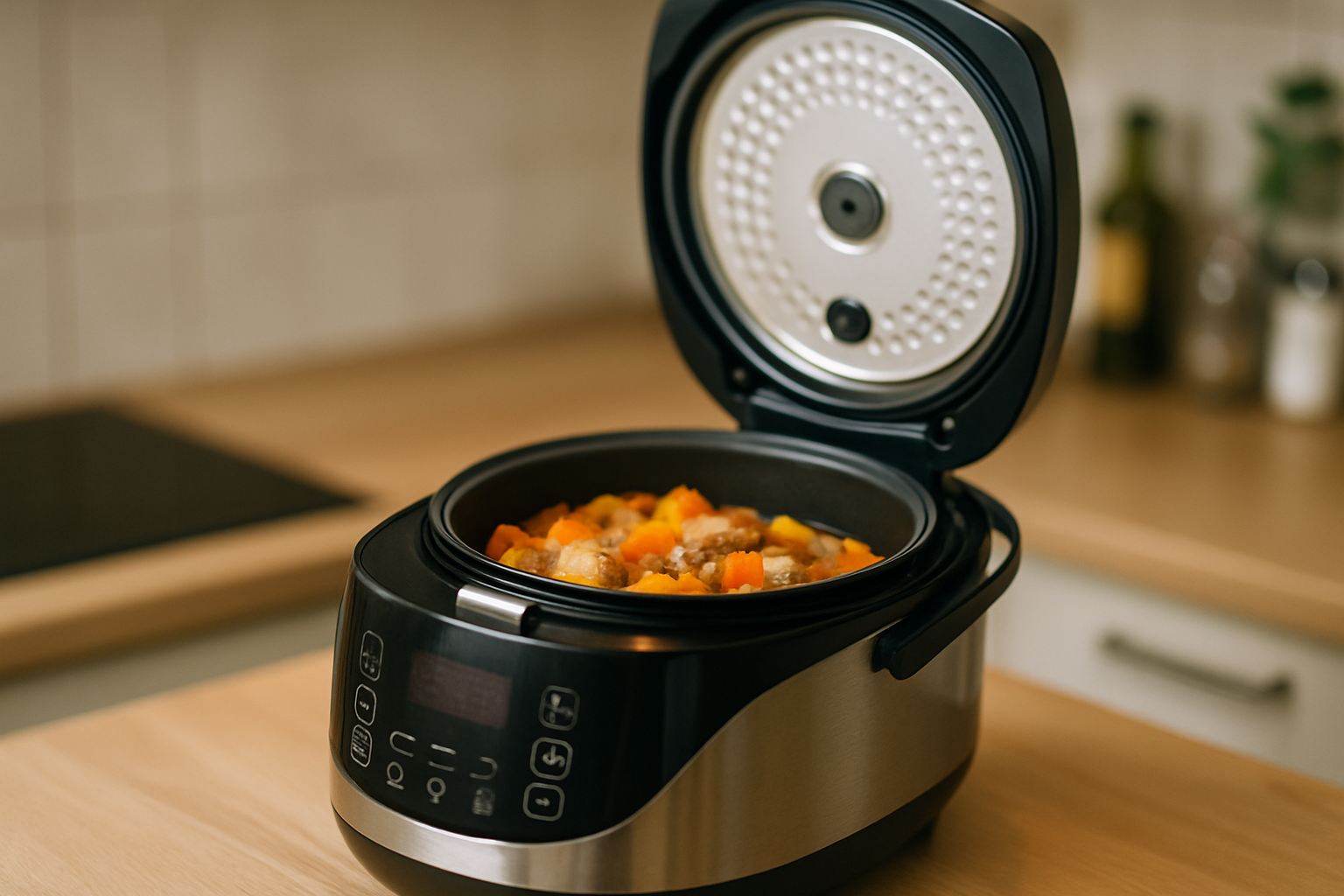 cover-277743 Multicooker z otwartą pokrywą, z widoczną potrawą zawierającą mięso i warzywa, na drewnianym blacie kuchennym. Idealny do gotowania zdrowych posiłków.