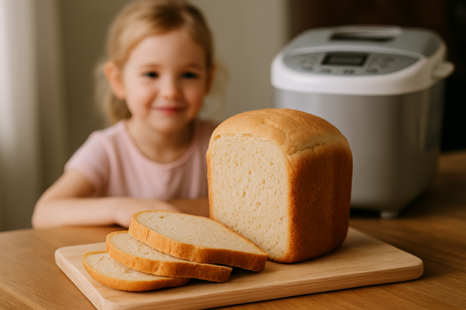 cover-277746 Dziecko siedzi przy stole z uśmiechem, obok świeżo upieczonego chleba na drewnianej desce i maszyny do pieczenia chleba w tle.