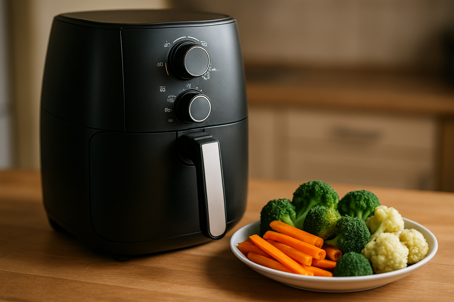 cover-277752 Czarny frytkownica powietrzna obok talerza z świeżymi warzywami, takimi jak brokuły, marchewki i kalafior, na drewnianym blacie kuchennym. Idealne do zdrowego gotowania i przygotowywania posiłków.