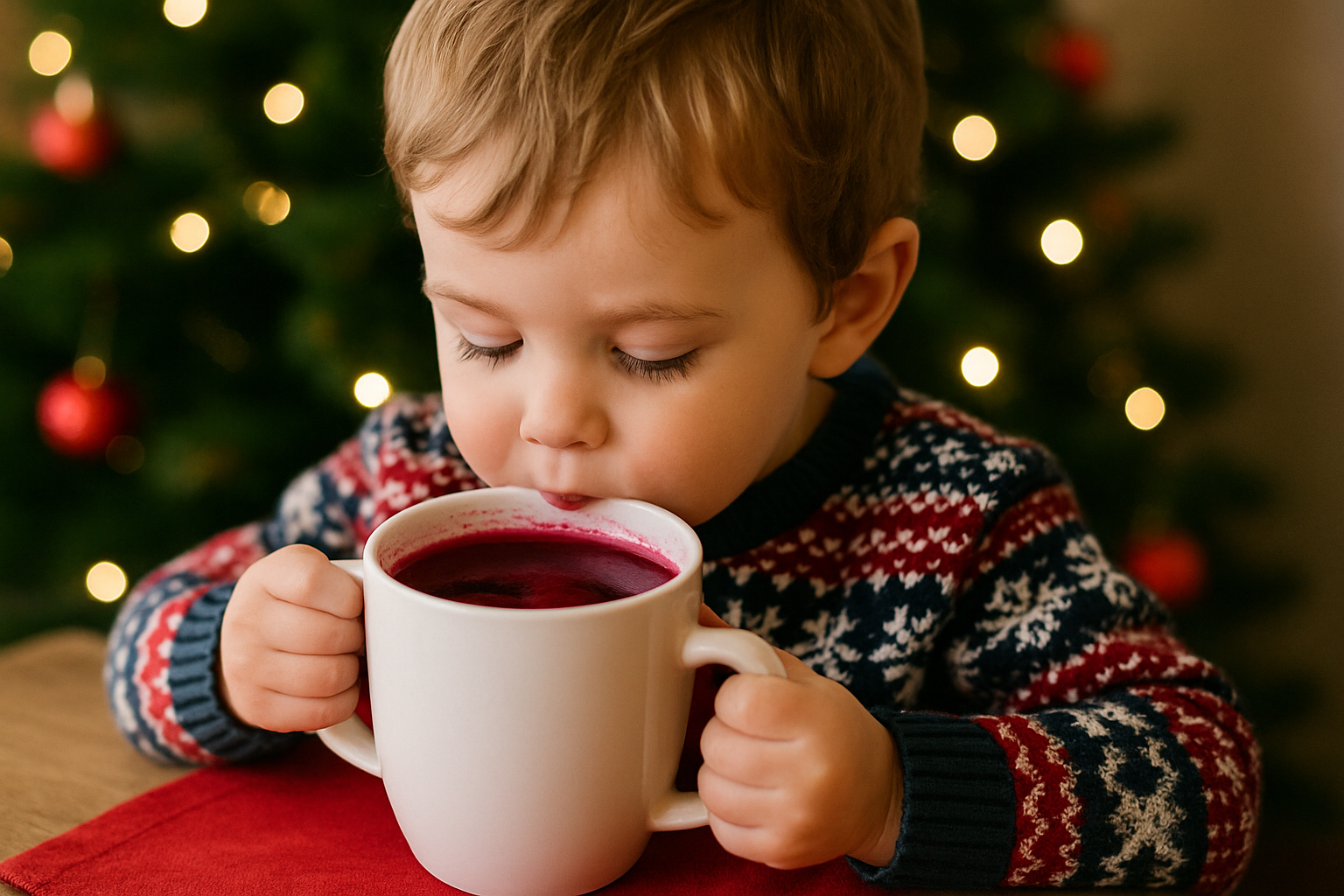 cover-277755 Mały chłopiec siedzi przy stole, pijąc z dużego białego kubka. Ubrany w sweter w świąteczne wzory, w tle świecą się lampki choinkowe, a na stole leży czerwony obrus.