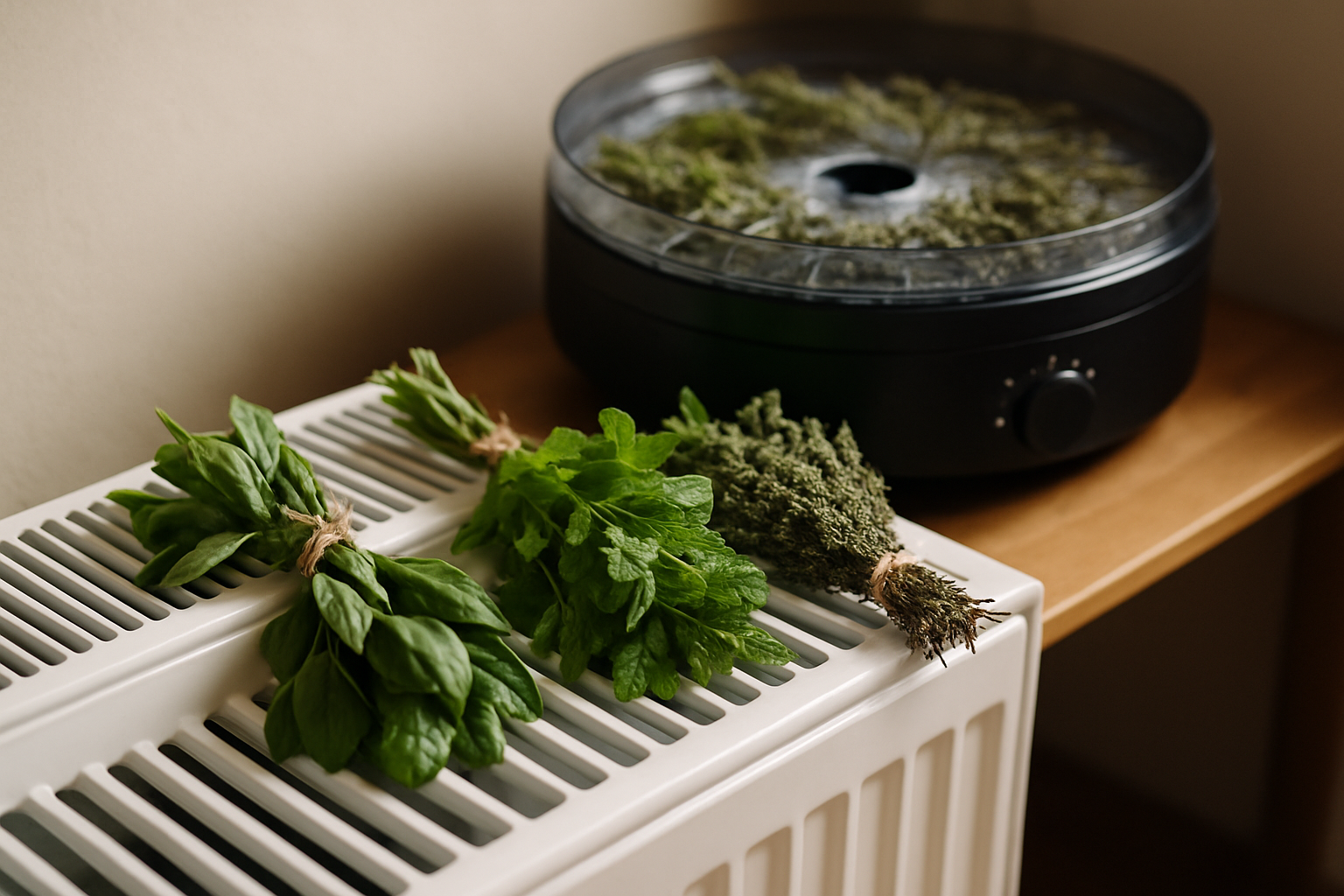 cover-277758 Suszone zioła na grzejniku, w tym bazylię, miętę i inne, obok dehydratora. Idealny sposób na przechowywanie i wykorzystanie świeżych ziół w kuchni.