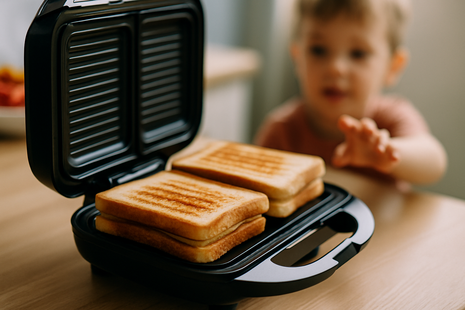 Dziecko sięga w stronę tostera z czterema złocistymi tostami na blacie. Toster otwarty, gotowy do serwowania ciepłych kanapek. Przytulna kuchnia w tle.