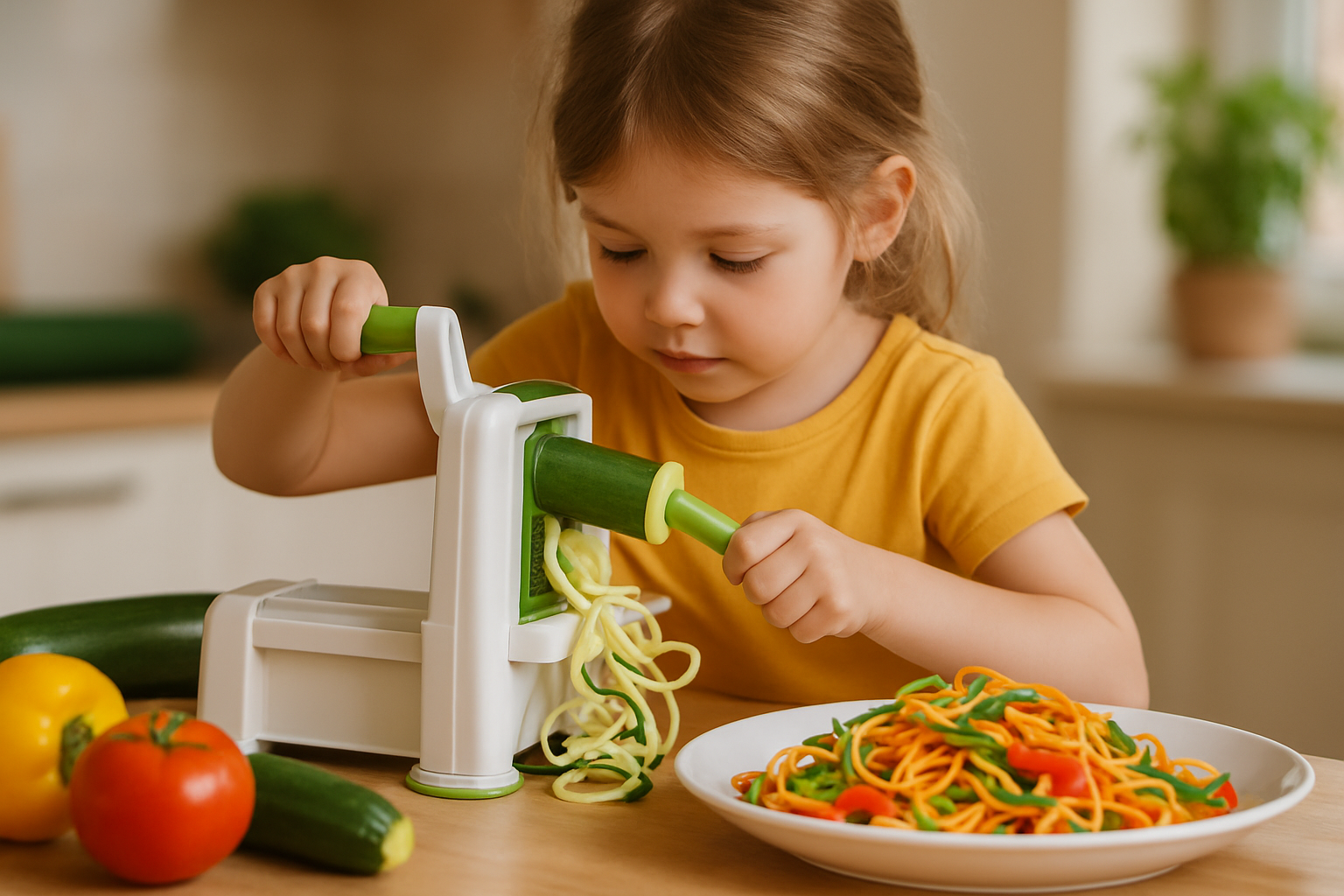 Mała dziewczynka używa spiralizera do krojenia cukinii na makaronowe wstążki. Na stole znajduje się kolorowa sałatka z warzyw, w tym papryki i pomidorów. Jasne, naturalne światło oświetla przytulną kuchnię.