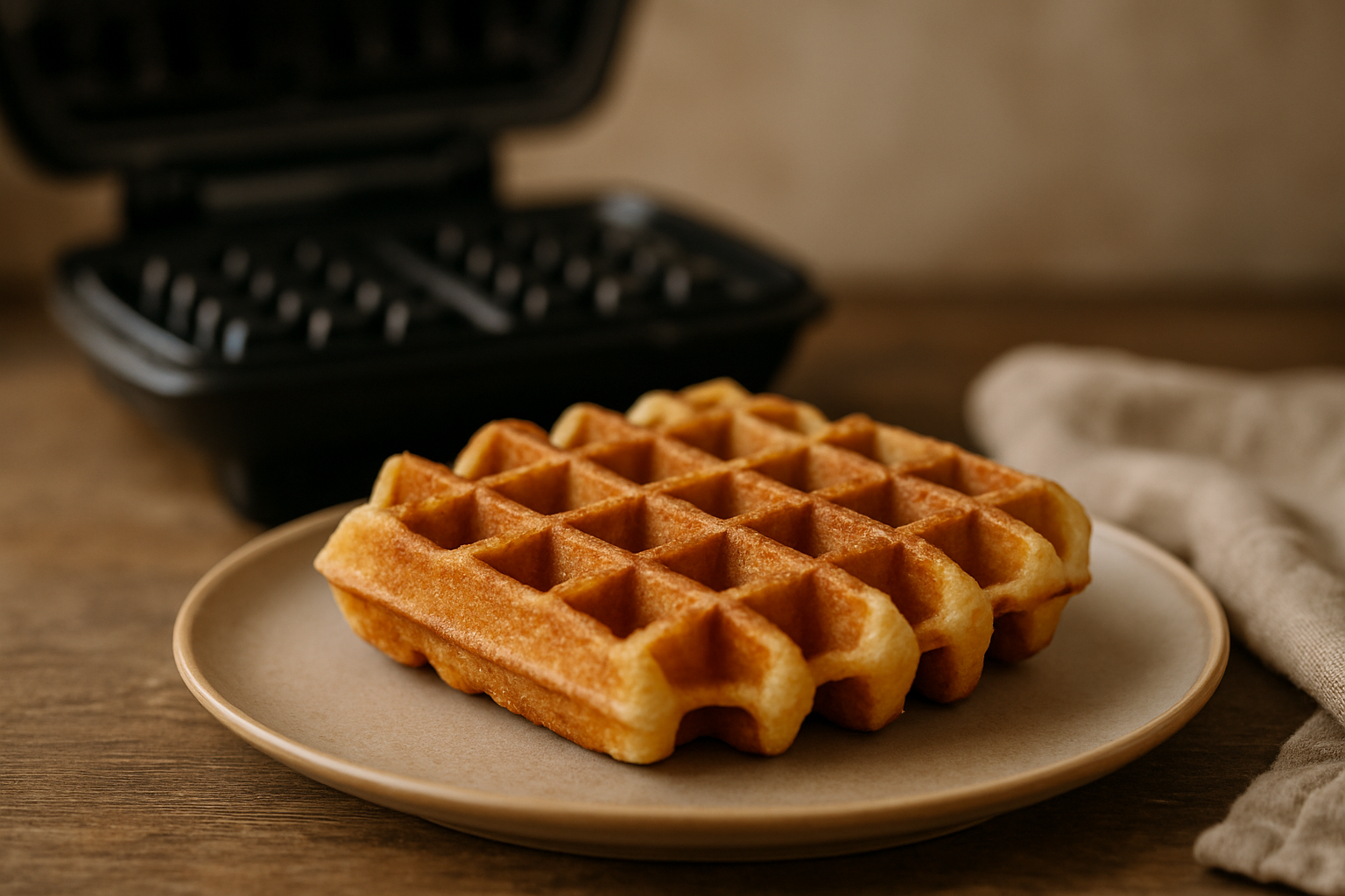 cover-277791 Złoty gofr na talerzu, obok urządzenia do pieczenia gofrów, na tle drewnianego blatu.