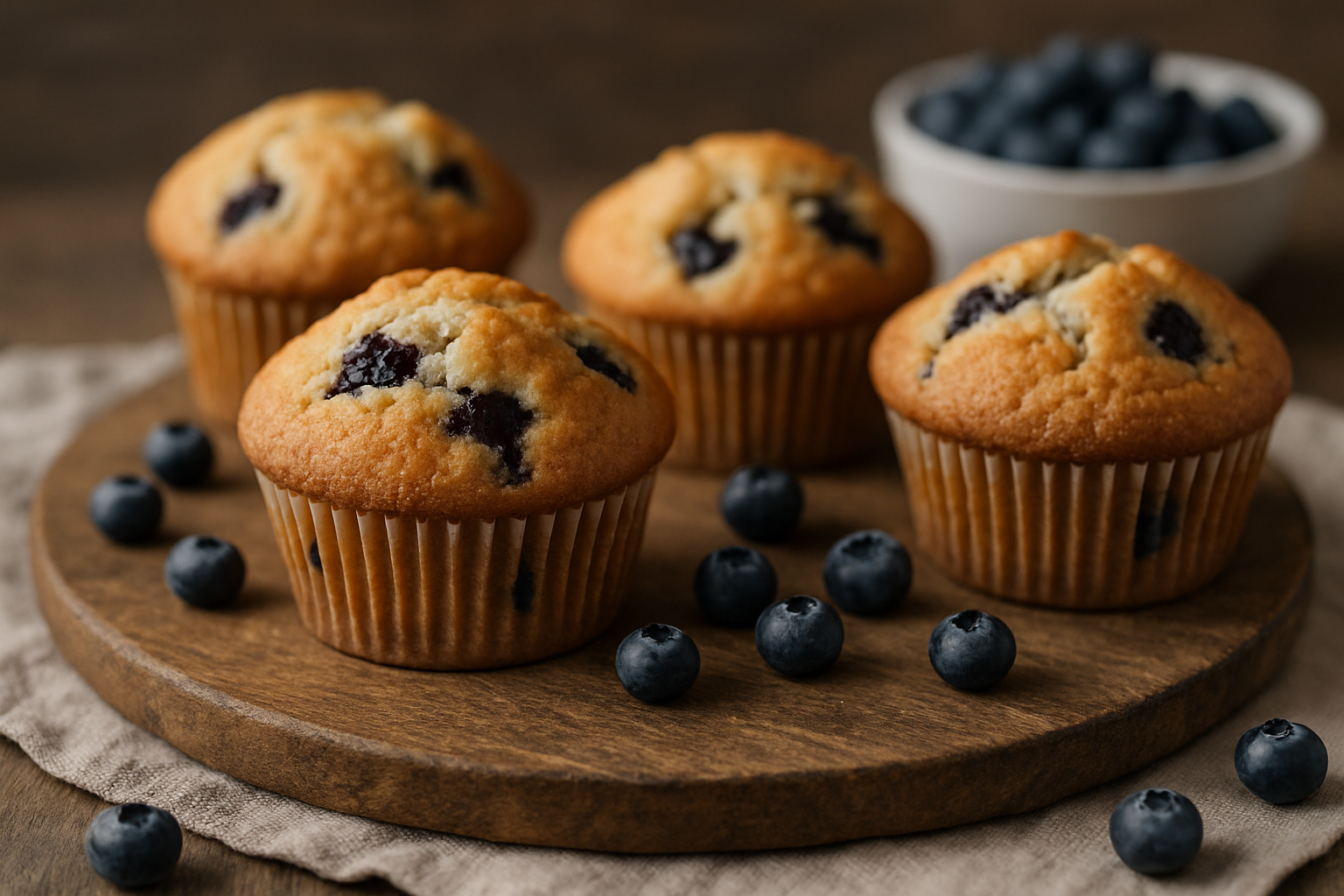 Kruche babeczki z jagodami na drewnianej desce, obok świeże jagody w misce. Idealna przekąska na słodko.