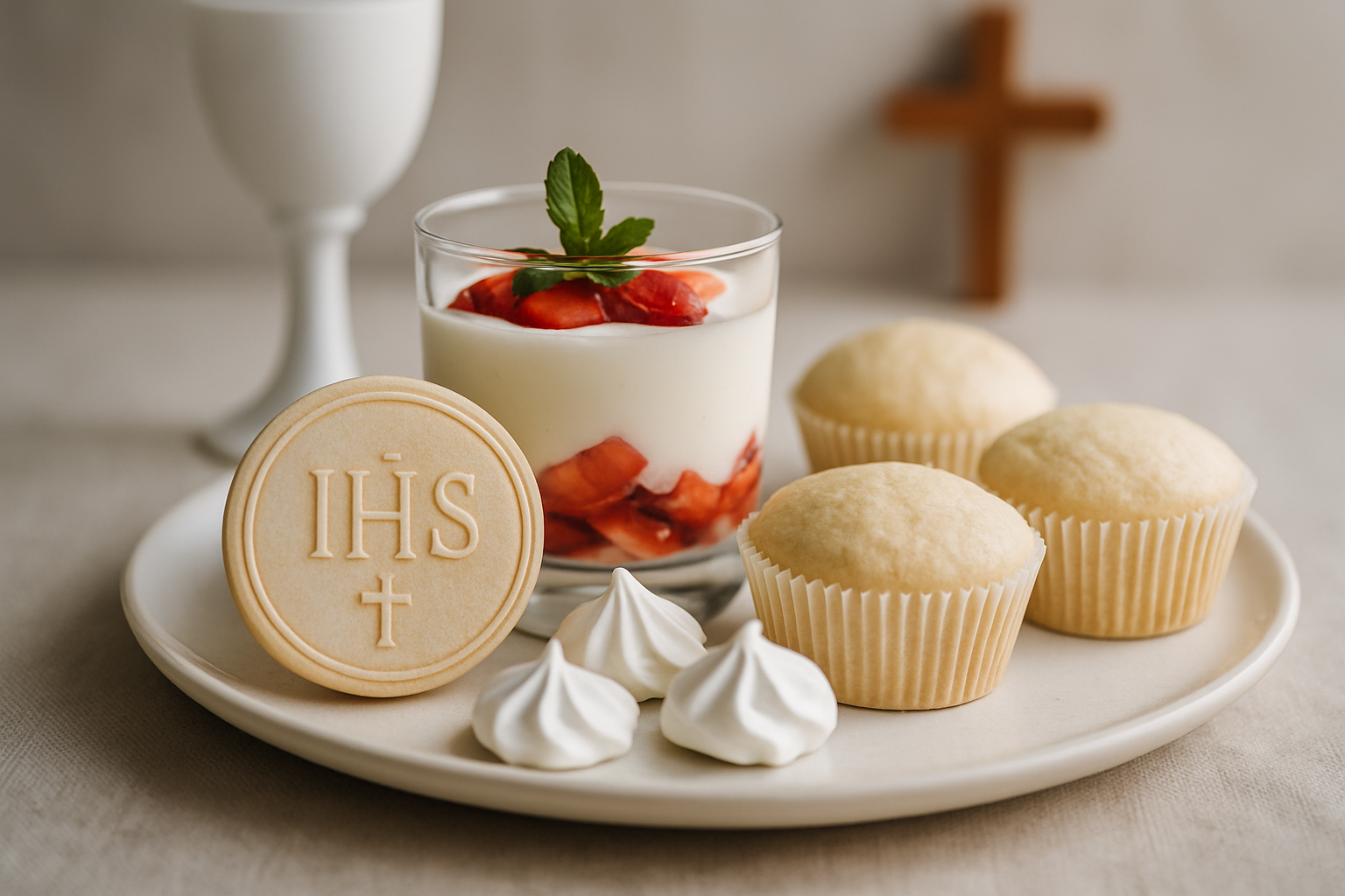 cover-277800 Deser na talerzu z sernikiem truskawkowym, bezami i muffinkami, obok kieliszek oraz krzyżyk w tle. Idealne na wyjątkowe okazje i celebracje.