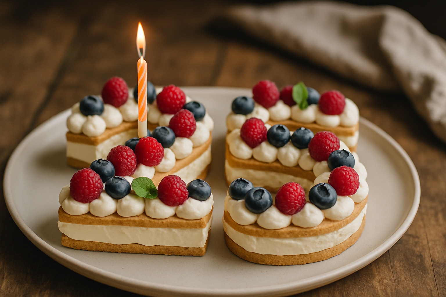 cover-277803 Tort urodzinowy w kształcie cyfr, ozdobiony bitą śmietaną, malinami i borówkami, z jedną świeczką palącą się na górze, na talerzu z naturalnego drewna.