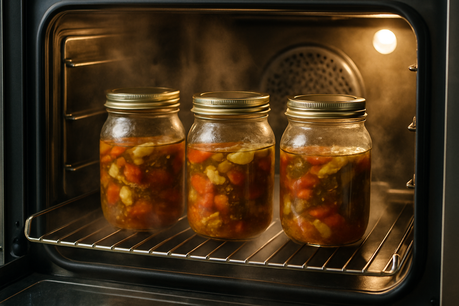 Słoiki z przetworami w piekarniku, pachnące gotowaną sałatką warzywną, para unosząca się w powietrzu.