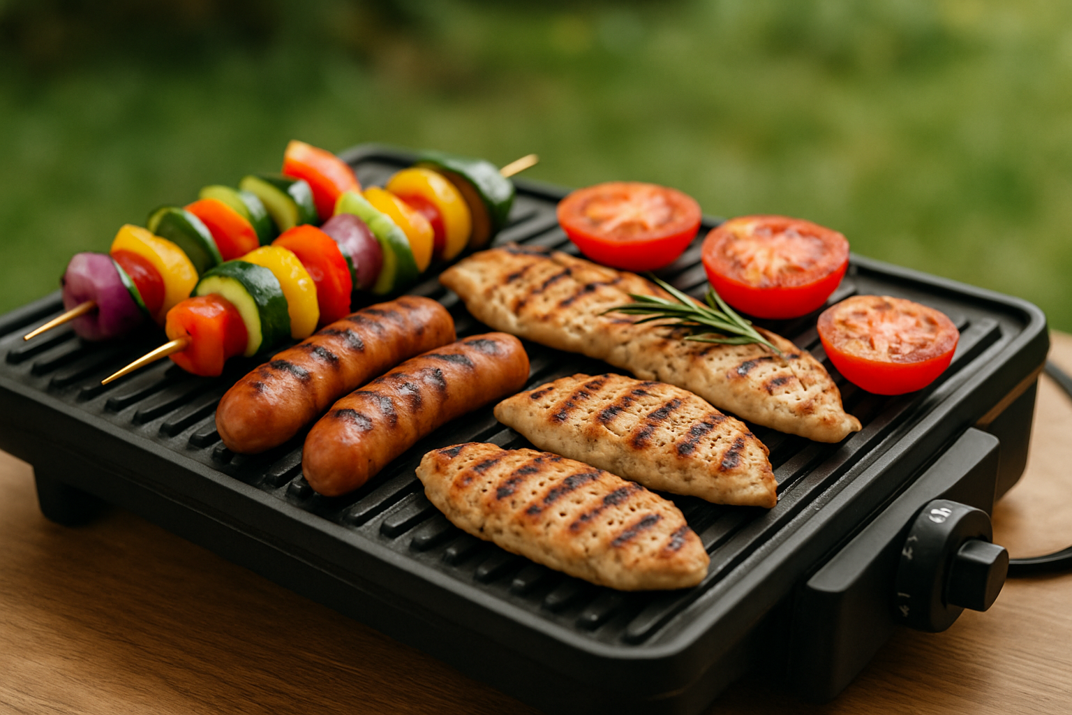 Grill z kiełbaskami, filetem drobiowym, pieczonymi pomidorami oraz szaszłykami warzywnymi na tle zielonego tła.