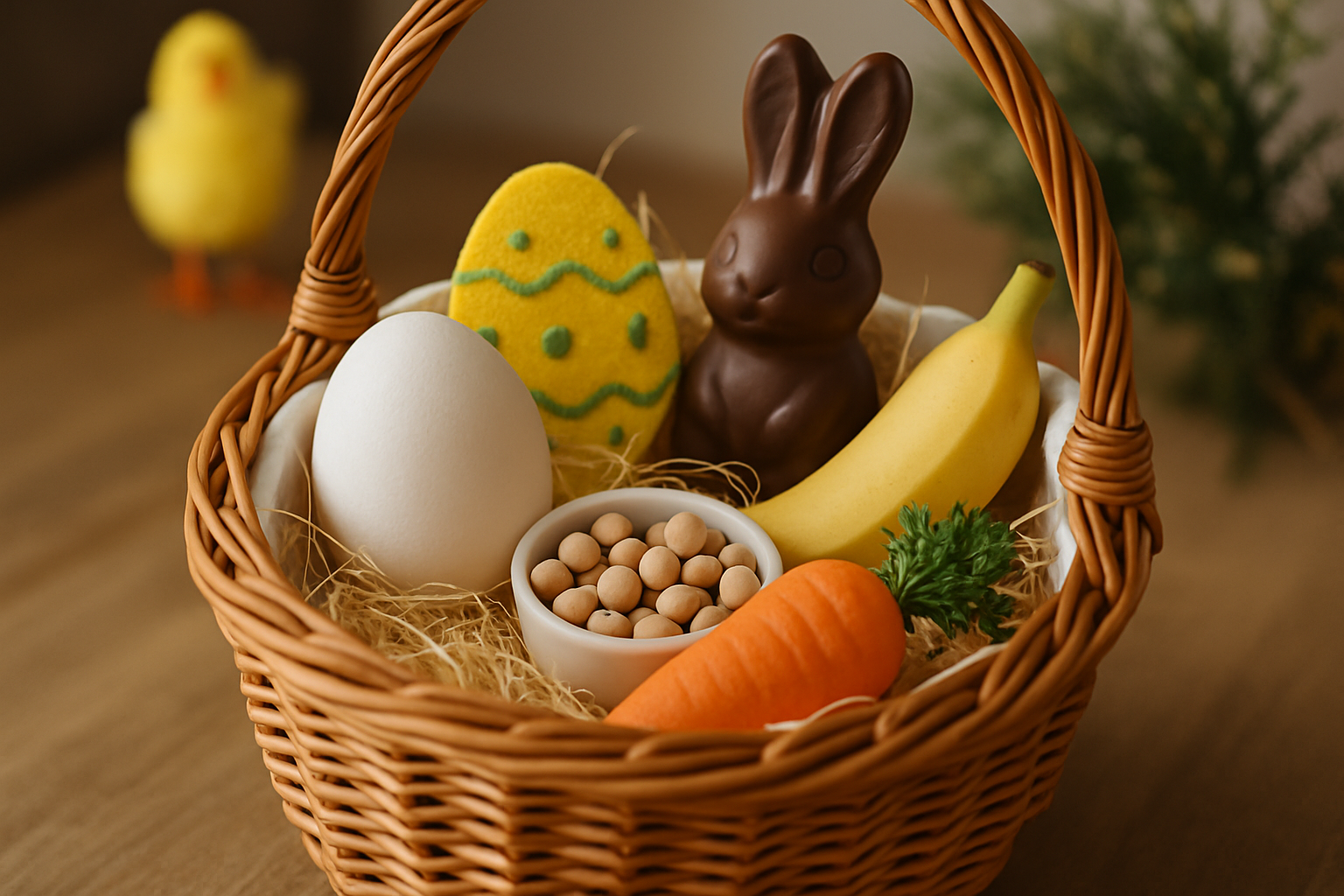 cover-277812 Koszyk wielkanocny z dekoracjami: białe jajko, czekoladowy zając, kolorowa pisanka, banan, marchewka oraz talerzyk z ziarnami. W tle widoczna żółta plastikowa kurka.