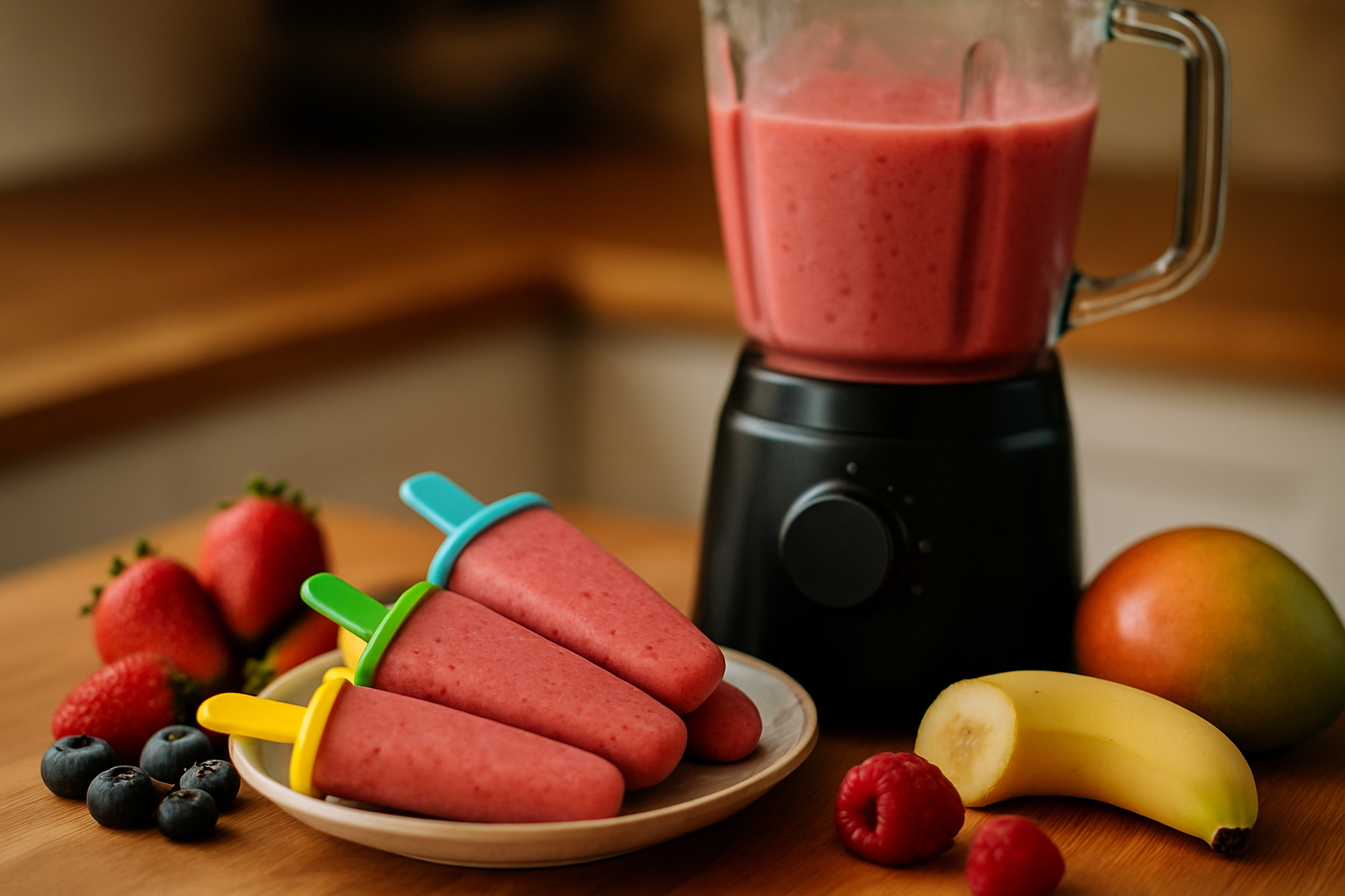 Lody owocowe na talerzu obok blendera, z różowym smoothie, świeżymi truskawkami, borówkami i bananem. Idealna przekąska na lato.
