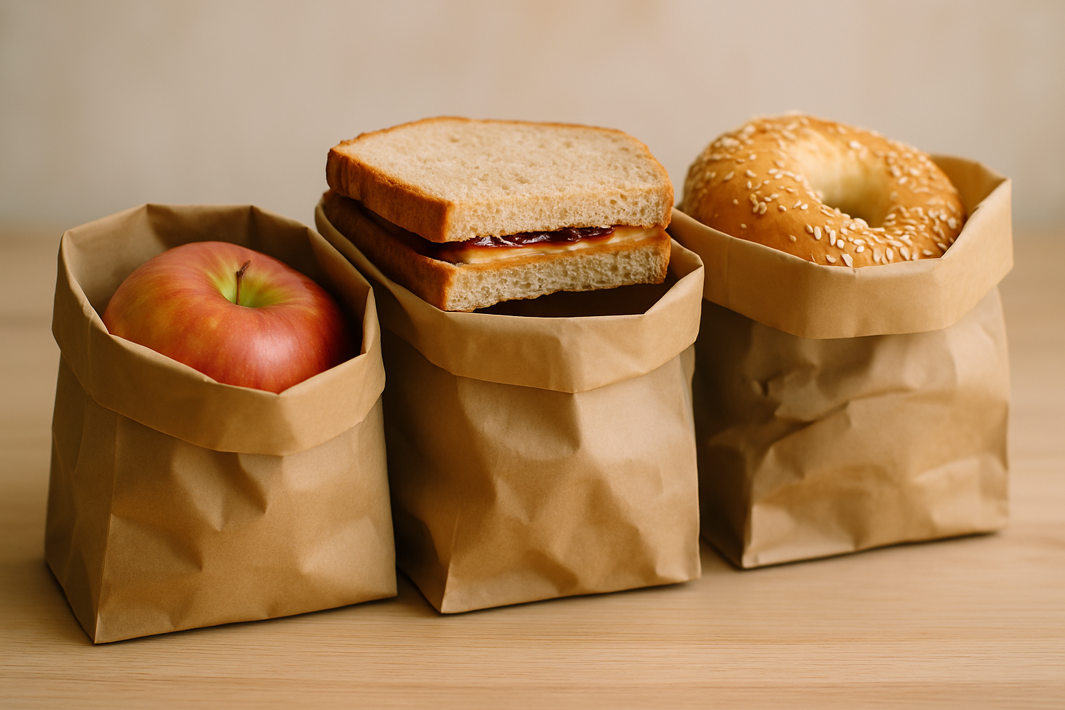Stylowa kompozycja trzech papierowych torebek, w których znajdują się: soczyste jabłko, kanapka z dżemem na chlebie oraz lekko posypany sezamem bajgiel. Idealny pomysł na zdrową przekąskę.