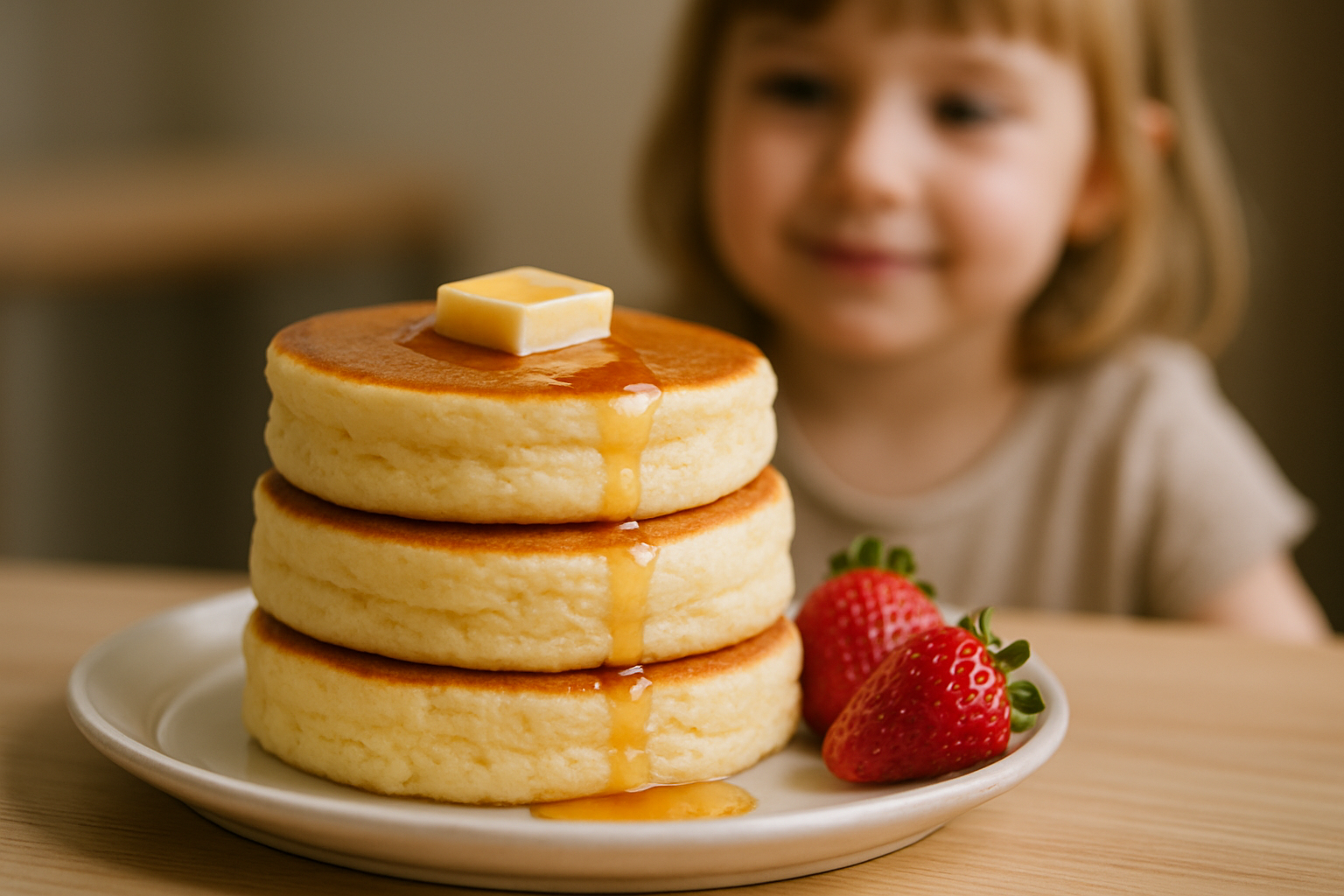 cover-277861 Mała dziewczynka uśmiechająca się do stosu puszystych pancakes na talerzu, polanych syropem klonowym i z kawałkiem masła na wierzchu. Obok pancakes znajdują się świeże truskawki.