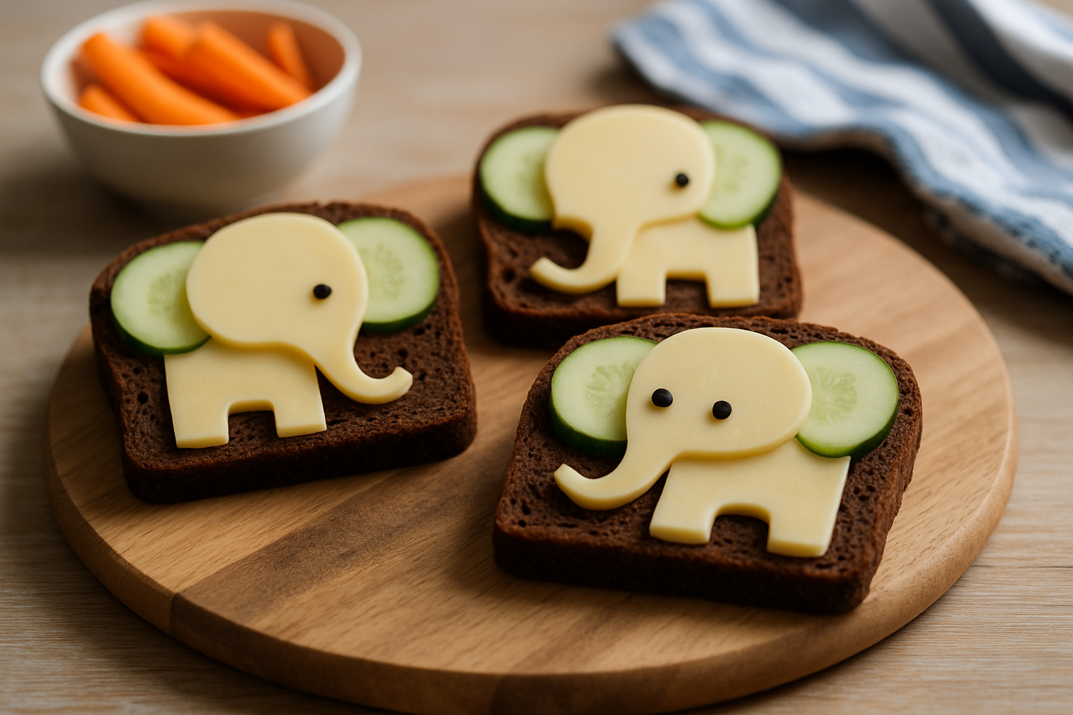 Trzy kanapki z ciemnego chleba w kształcie słonia, ozdobione serem i ogórkiem, na drewnianym talerzu, obok miseczka z marchewkami. Idealne danie dla dzieci.