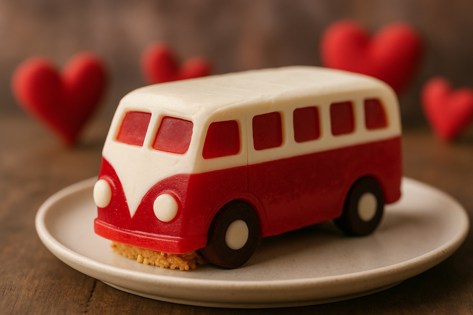Cukierkowy tort w kształcie czerwonego wan-van z białym dachem, serwowany na talerzu, w otoczeniu serc

.