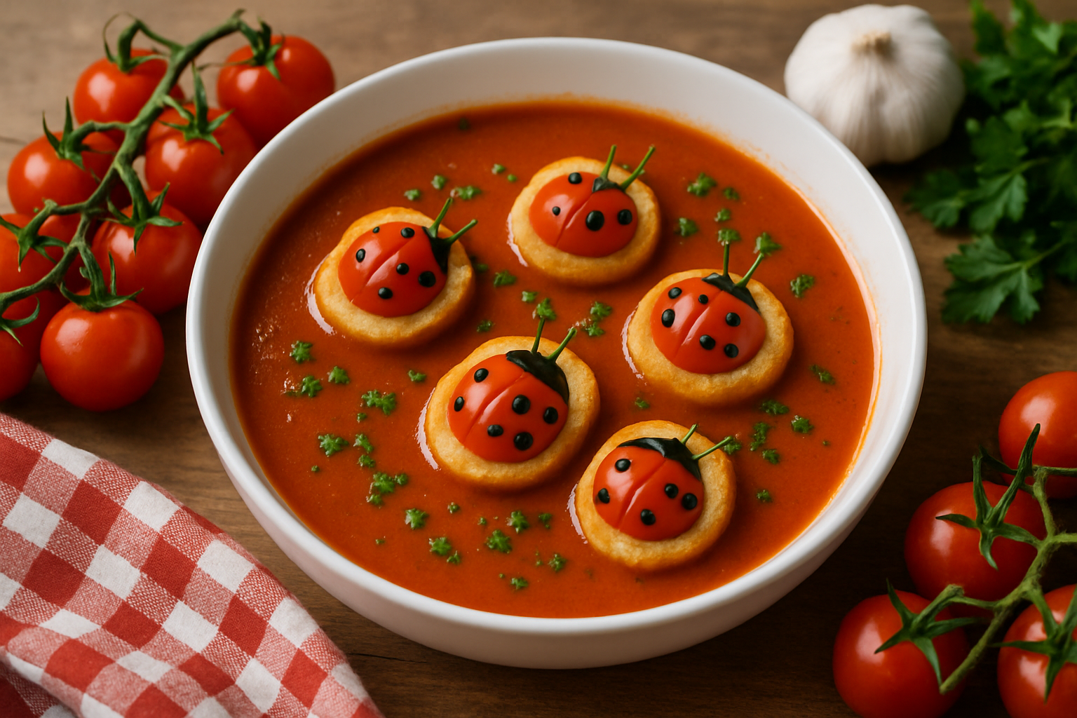 cover-277923 Zupa pomidorowa z dekoracyjnymi babkami w kształcie biedronek, podana w białej misce. W tle świeże pomidory, czosnek i liście pietruszki. Idealna propozycja na kolorowy posiłek dla dzieci.