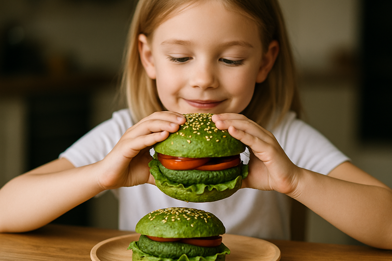 cover-277929 Dziecko trzyma zielone hamburgery z sałatą i pomidorem, uśmiechając się w momencie radości podczas jedzenia.
