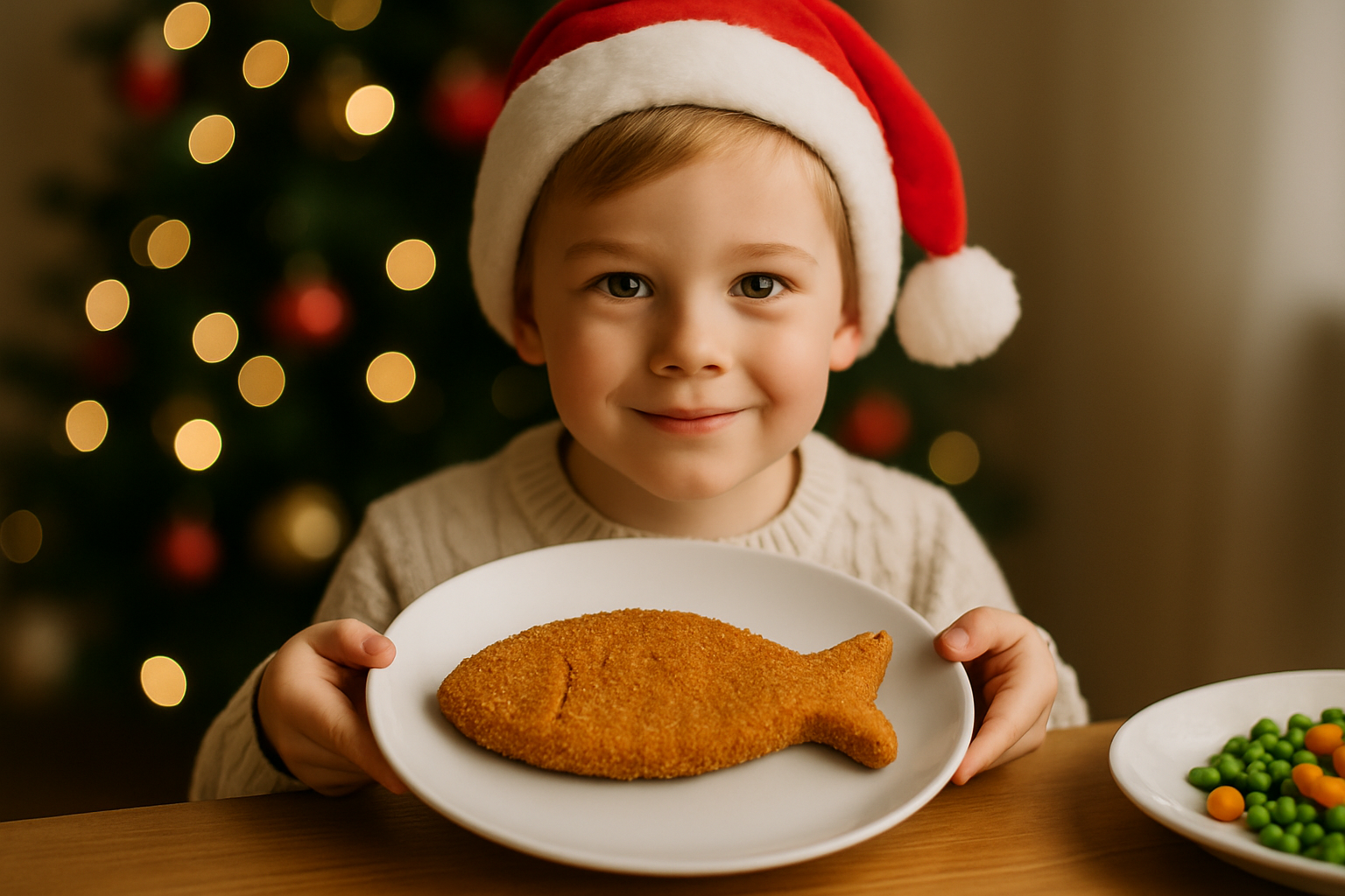 cover-277941 Chłopiec w czerwonym kapeluszu świątecznym trzyma talerz z chrupiącym kotletem w kształcie ryby, z tłem świątecznym i rozświetlonym drzewkiem.