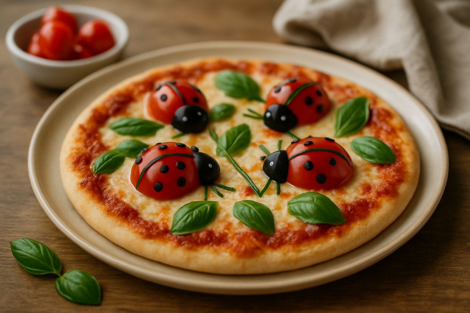 Pizza udekorowana pomidorami w kształcie biedronek, z dodatkiem świeżej bazylii, podana na talerzu. W tle widoczna miseczka z koktajlowymi pomidorami.