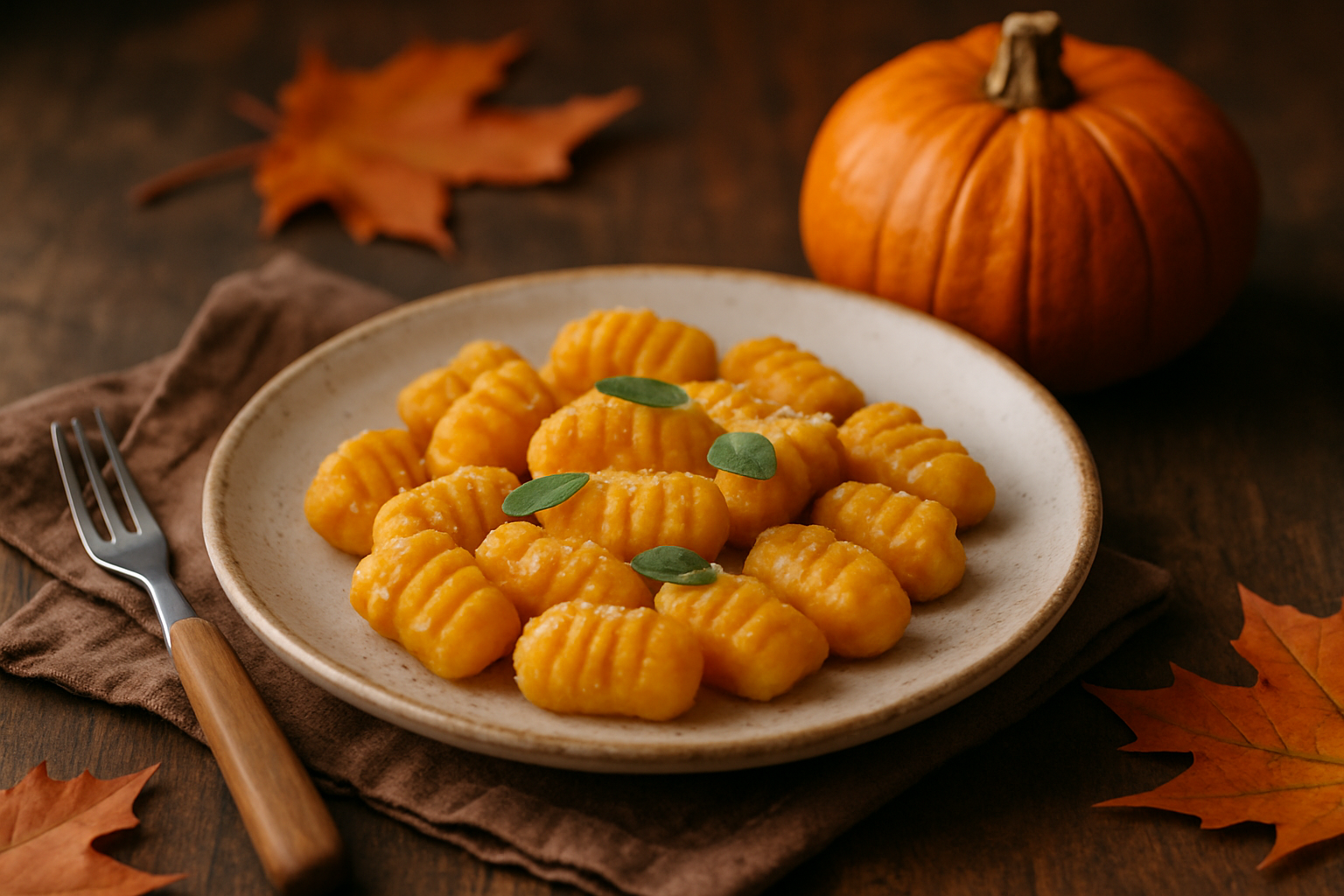 Plast mącznych gnocchi na talerzu, udekorowany świeżymi ziołami, obok dyni i opadających liści, idealny na jesienny posiłek.