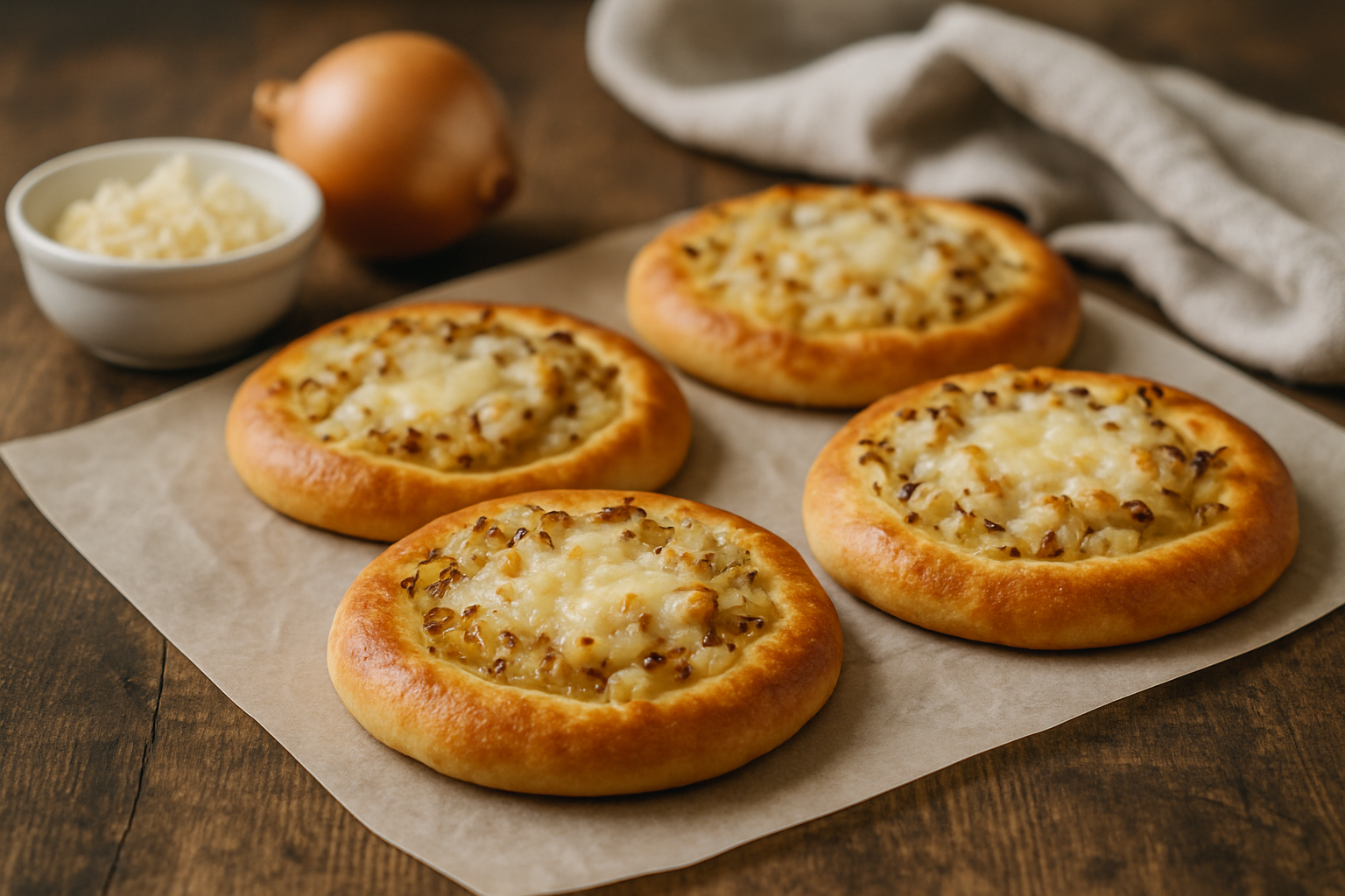 cover-277986 Cztery bułeczki z cebulą i serem na papierze do pieczenia, obok cebula i miseczka z tartym serem.