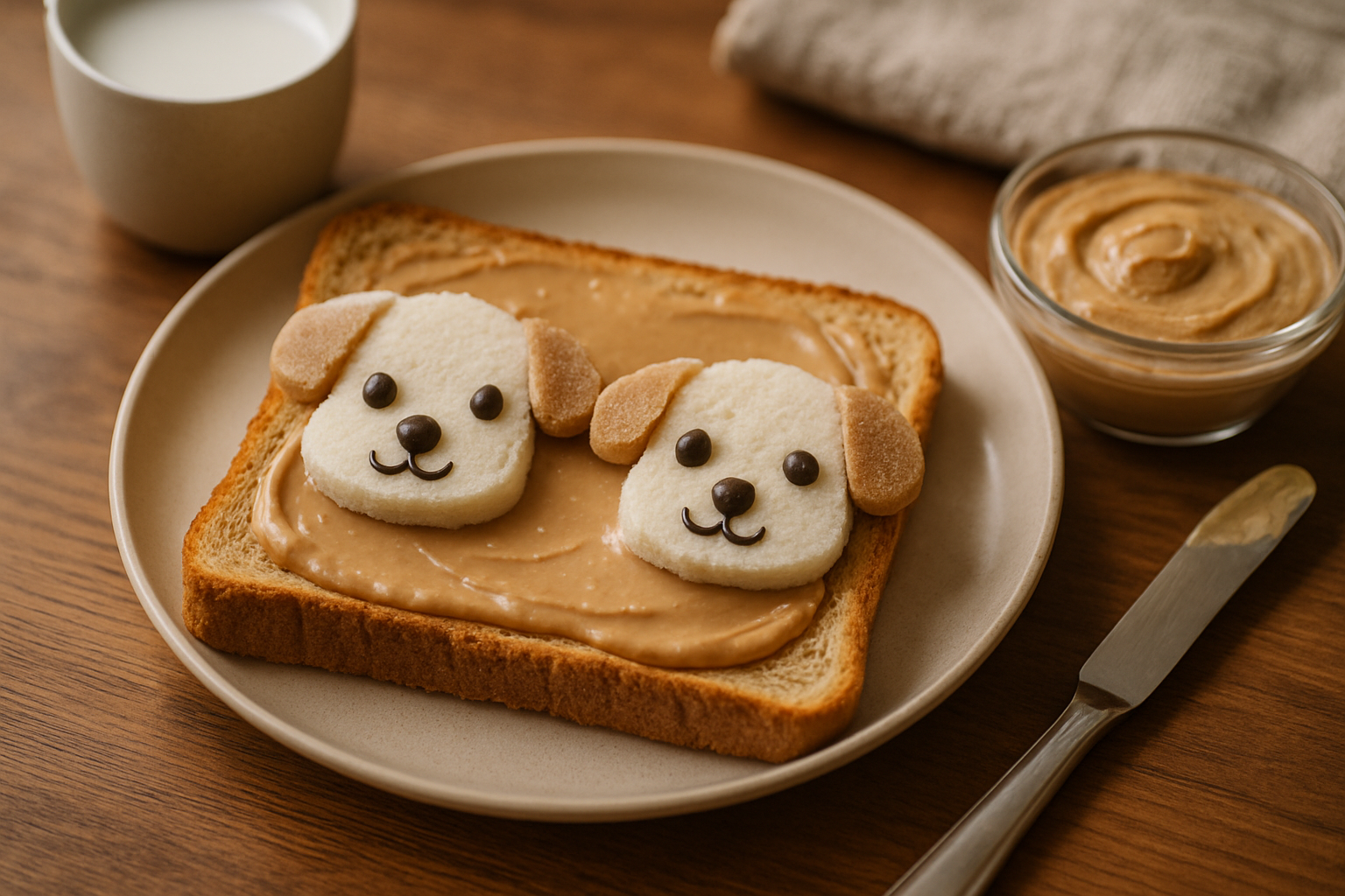 cover-277992 Toasts z masłem orzechowym w kształcie psów, ozdobione biszkoptami i czekoladowymi oczkami, podane na talerzu. W tle szklanka mleka i miseczka z masłem orzechowym.