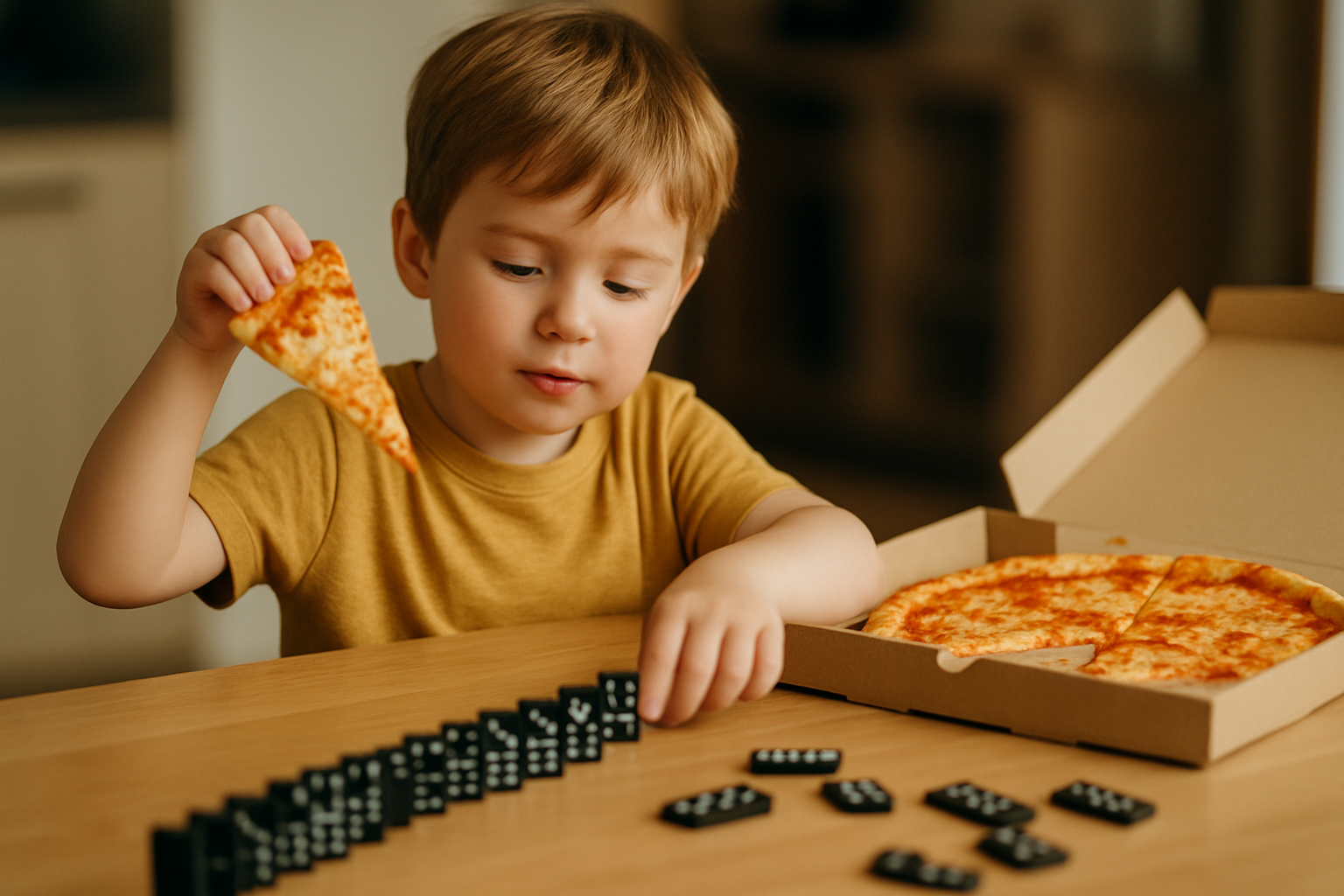 Chłopiec w żółtej koszulce trzyma kawałek pizzy i bawi się kostkami domina na drewnianym stole, obok otwartego pudełka z pizzą.