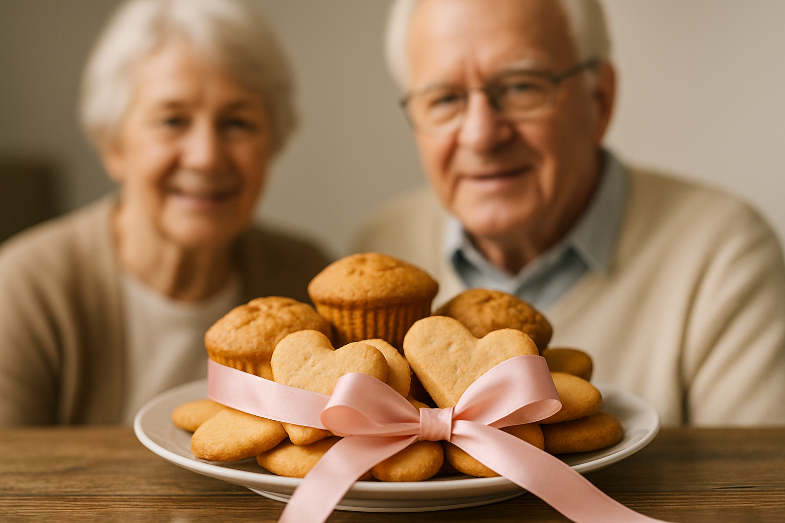 Para seniorów z uśmiechami trzymająca talerz z domowymi ciasteczkami, w tym sercami i muffinkami, ozdobiony różową wstążką.