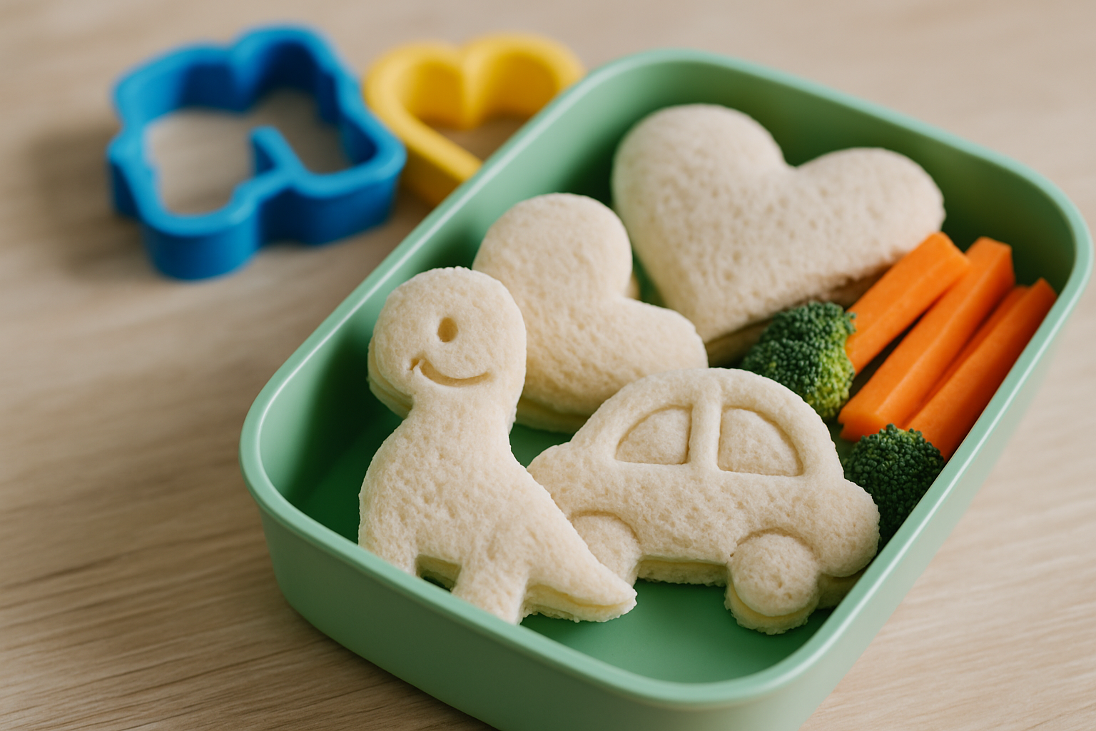 Zestaw zdrowych przekąsek dla dzieci w zielonym pojemniku: kanapki w kształcie dinozaura, samochodu i serca, obok świeże brokuły i marchewki. Kolorowe foremki do wykrawania w kształcie gwiazdki i serca.