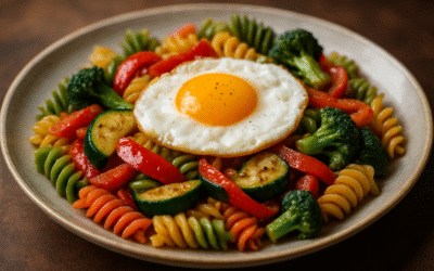 Kolorowy Makaron z Warzywami i Jajkiem inspirowany Muzyką Reggae