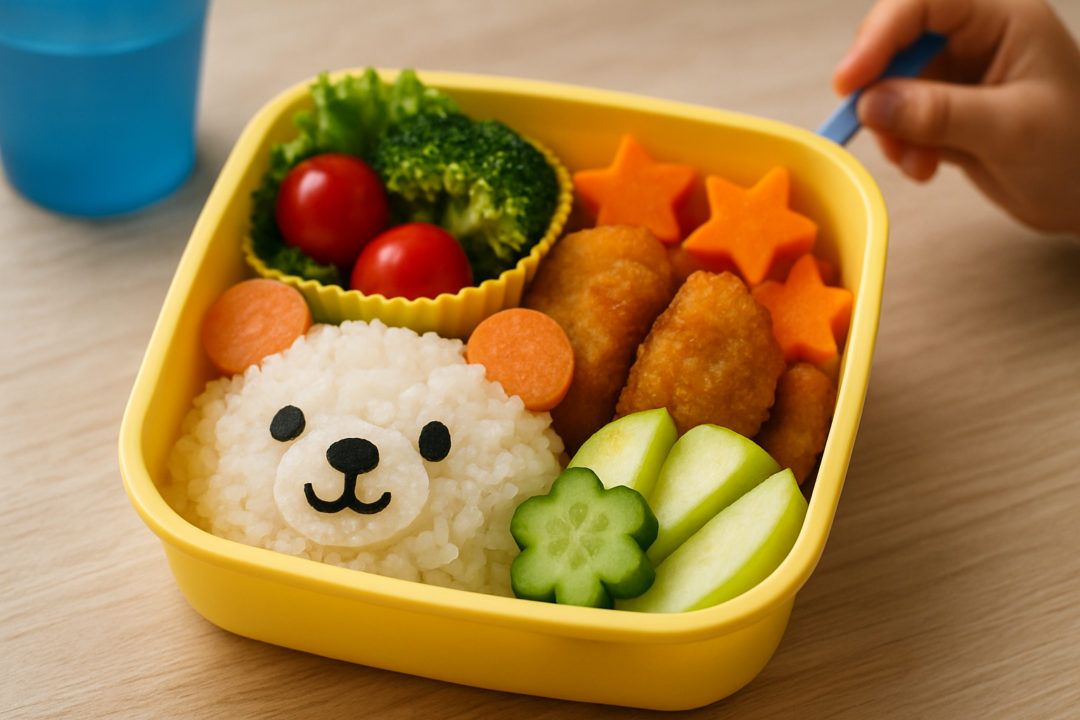 Kolorowy lunchbox z zabawnym ryżowym potworem w kształcie misia, brokułem, pomidorkami koktajlowymi, chrupiącą panierowaną rybą i pokrojonymi warzywami. Idealny posiłek dla dzieci, łączący zdrowe składniki z atrakcyjnym wyglądem.