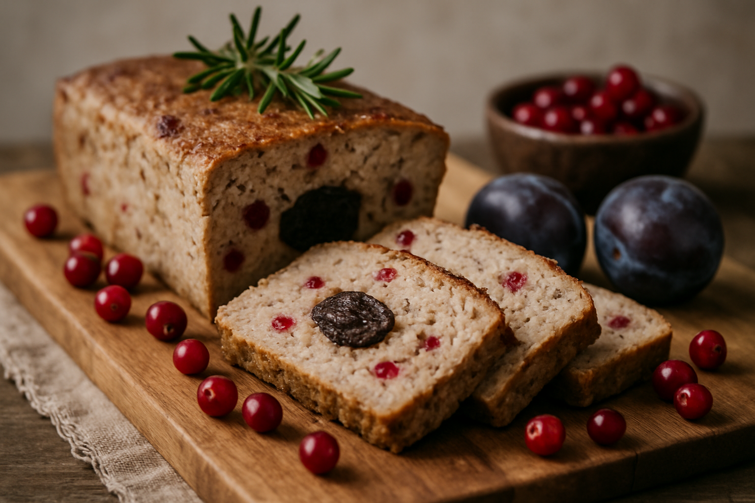 Chlebek z jagodami i suszonymi śliwkami na drewnianej desce, pokrojony na plastry, z dodatkiem świeżych żurawin i śliwek.