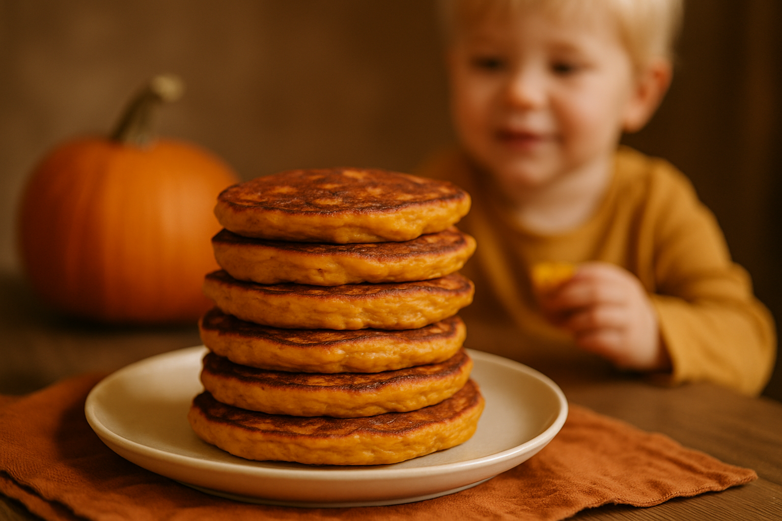 cover-278091 Stos na talerzu z ośmioma złotymi plackami dyniowymi, obok widoczna dynia, w tle małe dziecko z uśmiechem. Idealne na jesienne śniadanie lub przekąskę.
