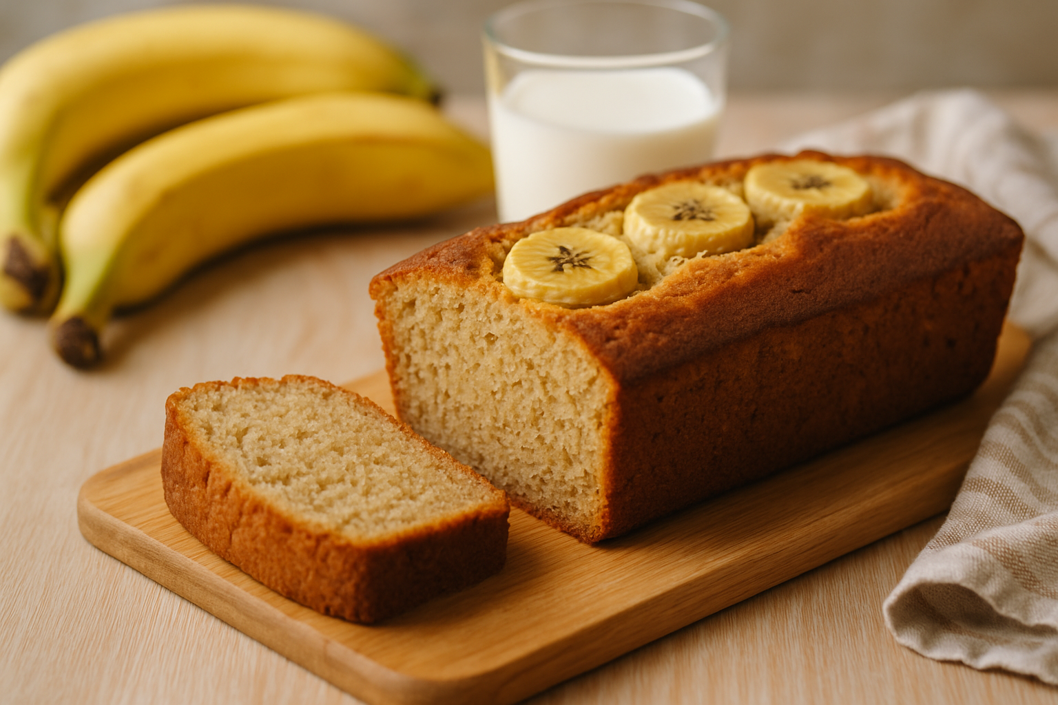 Pyszny chlebek bananowy z plasterkami banana na wierzchu, podany na drewnianej desce. W tle widoczne dojrzałe banany oraz szklanka mleka. Idealna propozycja na zdrowe śniadanie lub przekąskę.