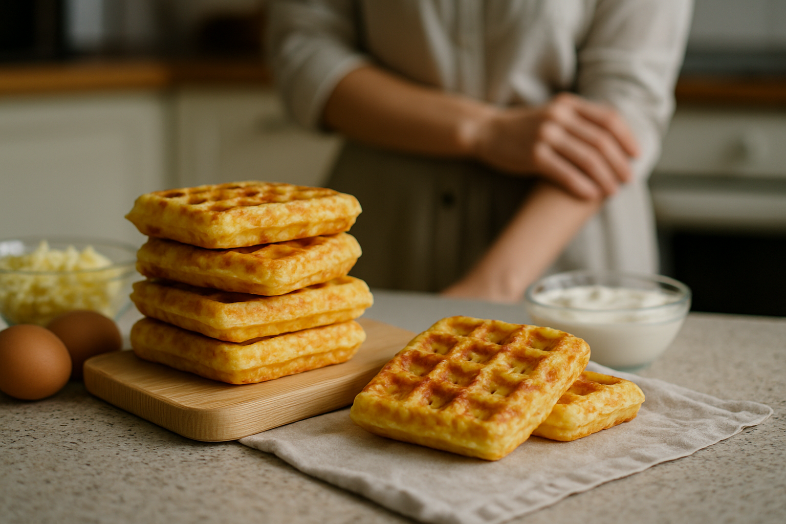 cover-278106 Stosik złotych gofrów na drewnianym talerzyku, obok miski z jogurtem i składników, w tym jajek i sera. W tle widoczna ręka osoby przygotowującej posiłek.