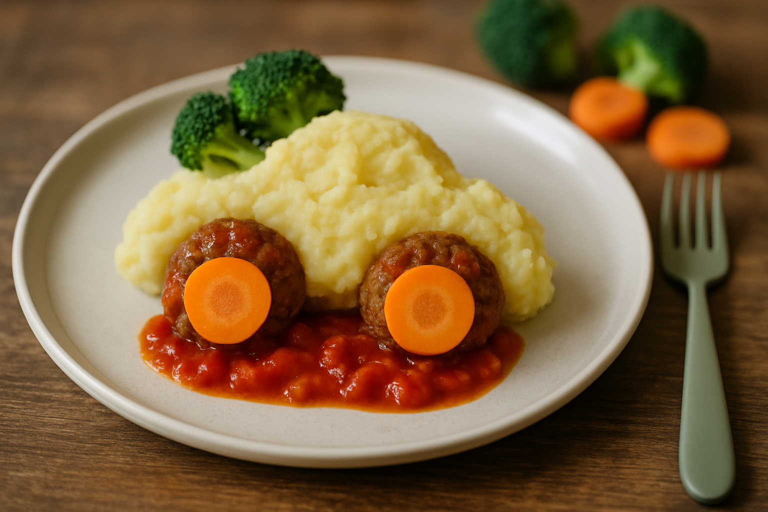 cover-278115 Talerz z kreatywnym daniem z puree ziemniaczanym w kształcie samochodu, klopsikami jako kołami, sosem pomidorowym i marchewkami, obok brokuły. Idealne dla dzieci.