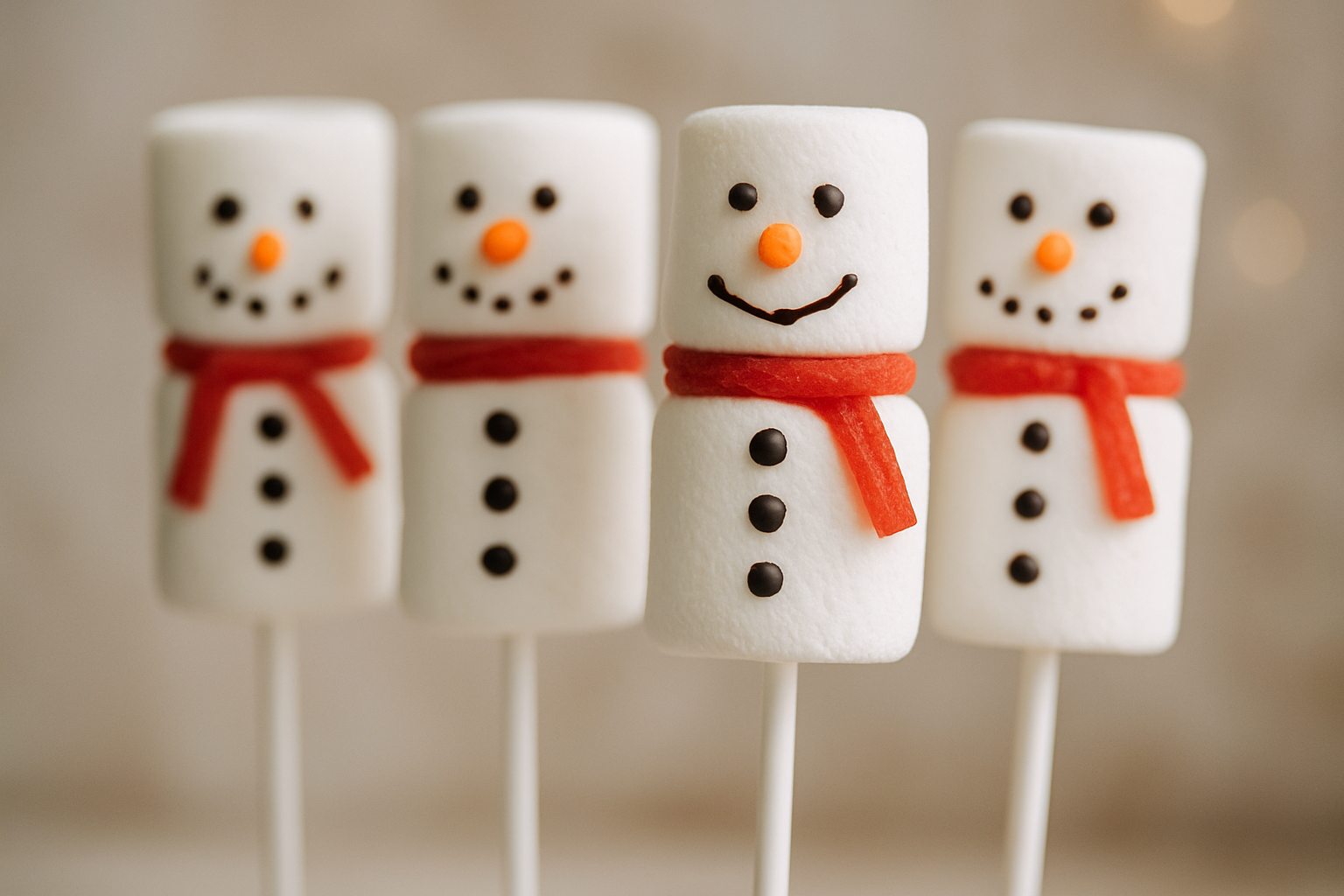 Marshmallowowe bałwanki na patykach z pomarańczowymi noskami, czarnymi oczami i uśmiechami, ozdobione czerwonymi szalikami. Idealna dekoracja na zimowe przyjęcia i świąteczne festiwale.