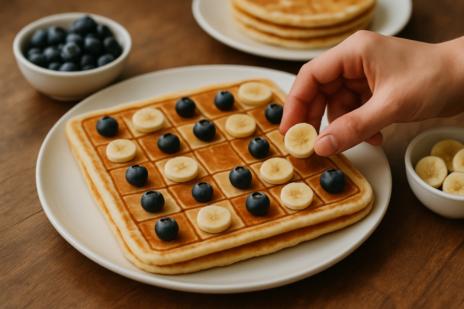 Ręka nakładająca plasterki banana na gofry z jagodami, na talerzu z owocami.