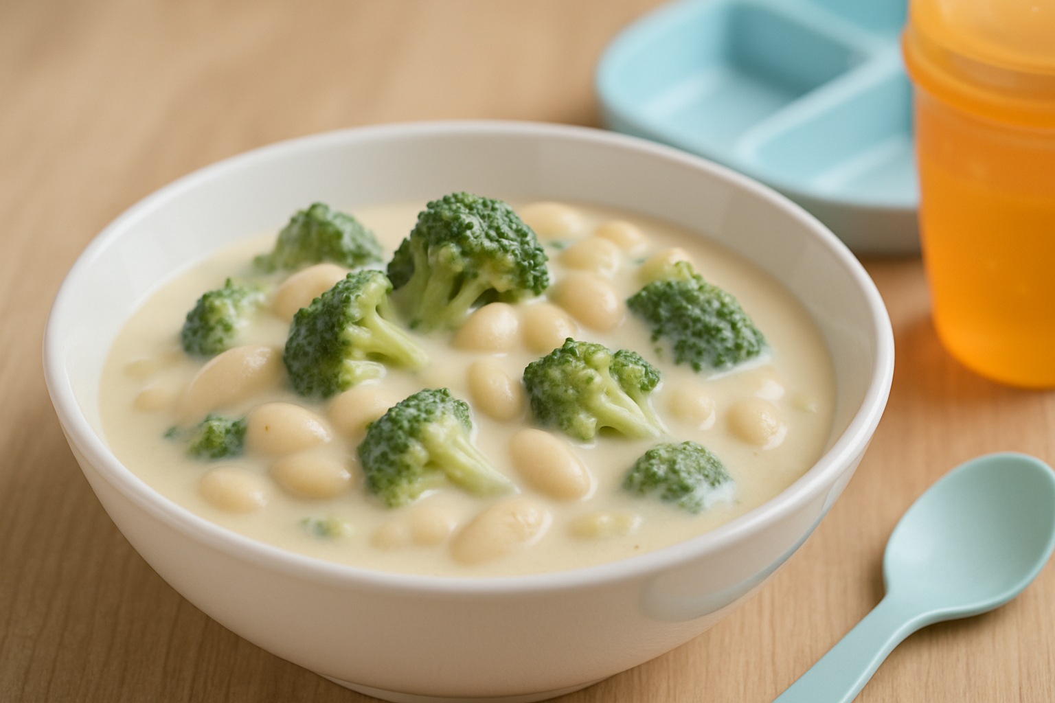 cover-278142 Zupa brokułowa z białą fasolą, podana w białej misce na drewnianym stole, z łyżeczką i kolorowym kubkiem w tle. Idealna propozycja na zdrowy posiłek dla dzieci. Rich in nutrients and creamy texture.