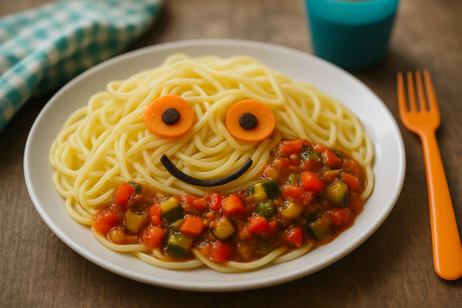 cover-278145 Talerz spaghetti z sosem warzywnym, udekorowany karotką w formie oczu i cienką, czarną linią jako uśmiech. Przemyślane podanie, które zachęca dzieci do jedzenia. W tle kolorowy talerzyk i widelczyk.