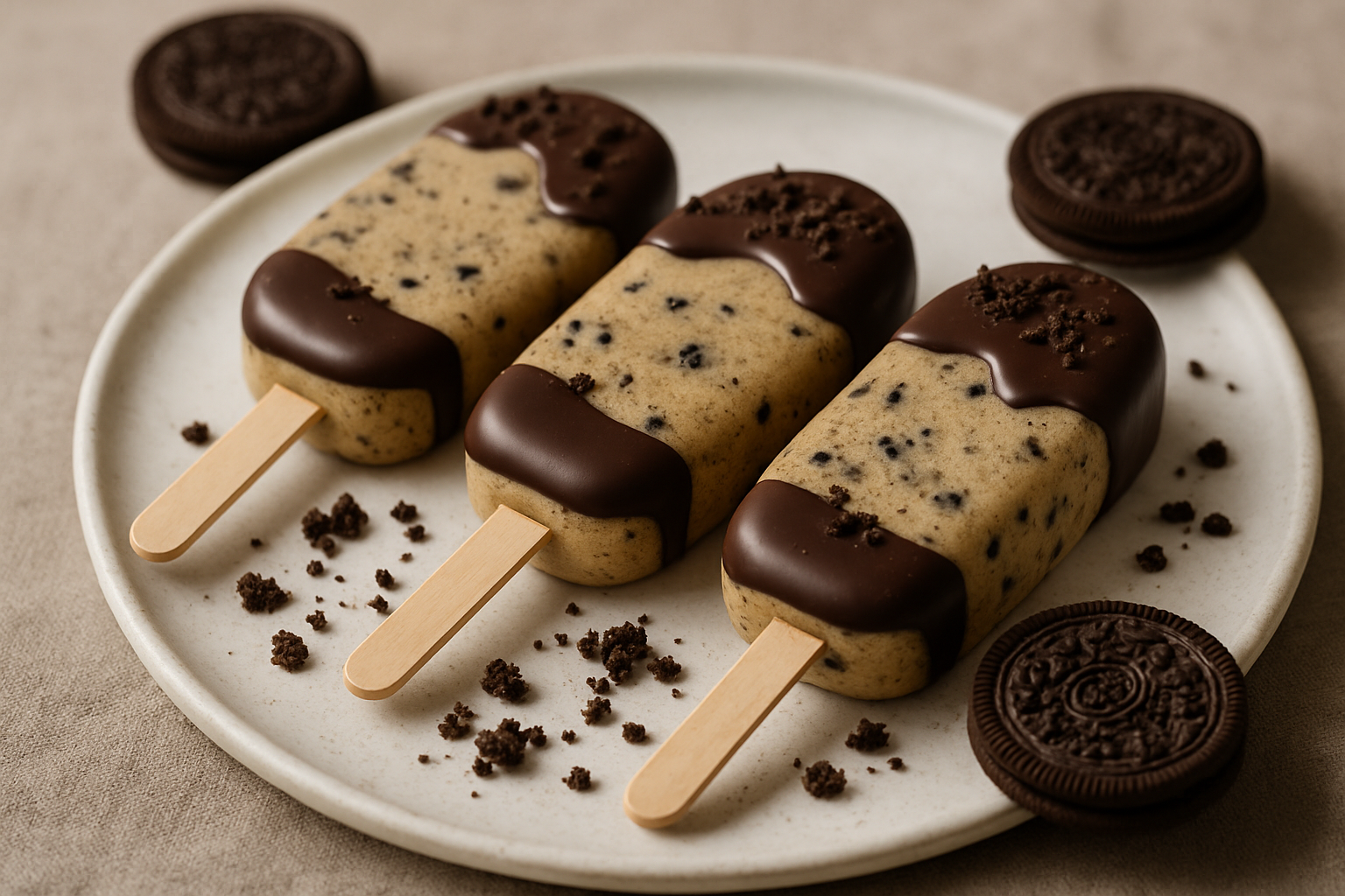 Lody waniliowe z kawałkami ciasteczek, pokryte czekoladową polewą, podane na talerzu wraz z drobno pokruszonymi ciasteczkami Oreo obok.