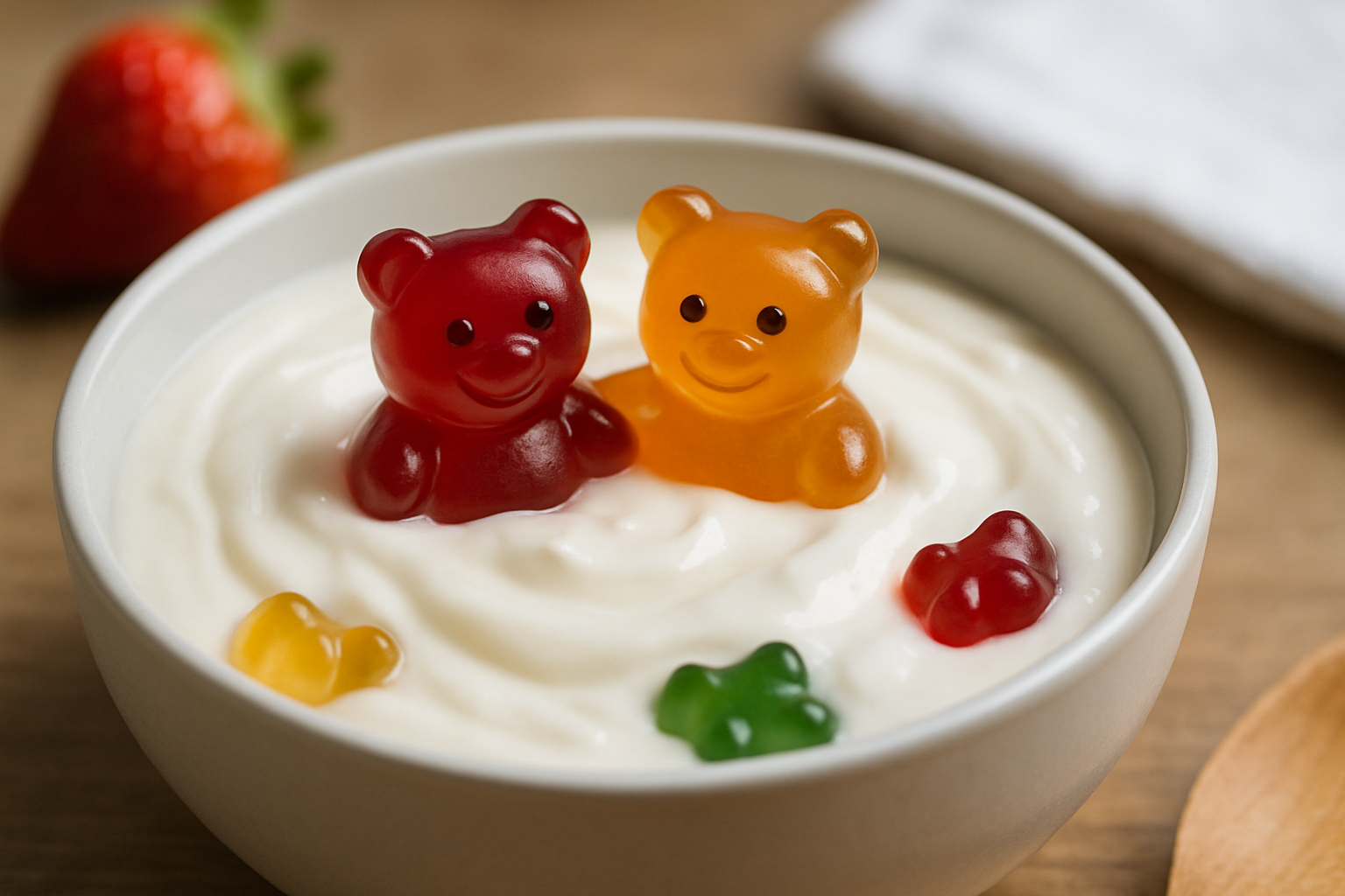Miseczka z kremowym jogurtem, w której unoszą się żelki w kształcie misiów w kolorach czerwonym i pomarańczowym, otoczone dodatkowymi żelkami. W tle widać świeżą truskawkę.