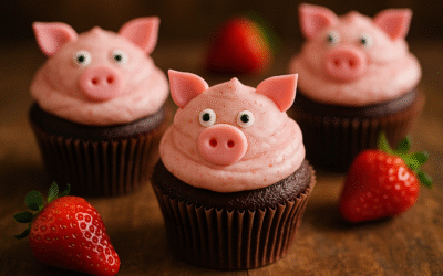 Prosiaczkowe muffinki: Kakaowe babeczki z truskawkowym kremem