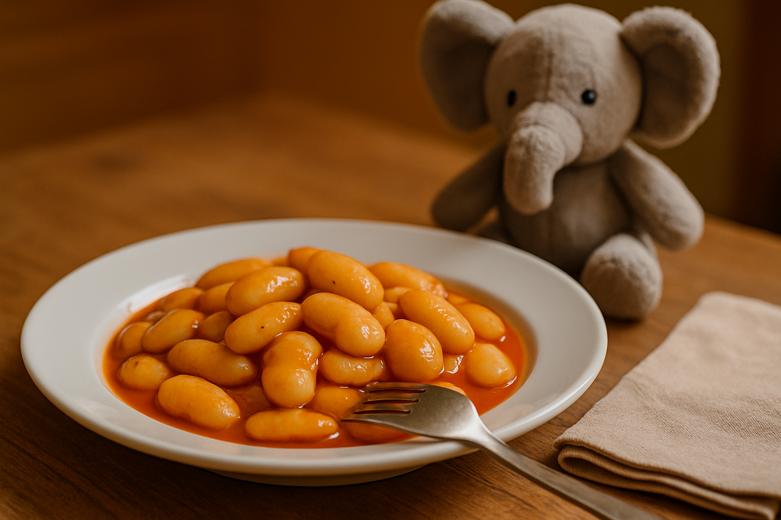 Talerz z żółtymi kluskami w sosie pomidorowym, obok pluszowy słoń, leżący na drewnianym stole.