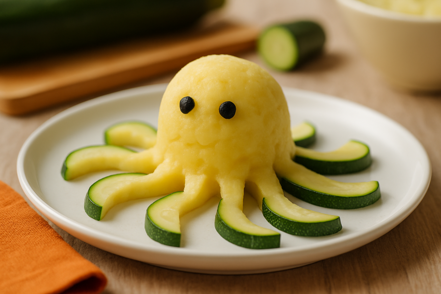 Urokliwa potrawa w kształcie ośmiornicy, wykonana z purée ziemniaczanego, z połówkami ogórka jako mackami. Ozdobiona czarnymi kulkami, przypominającymi oczy, na talerzu. Idealna dla dzieci i na kreatywne przyjęcia.