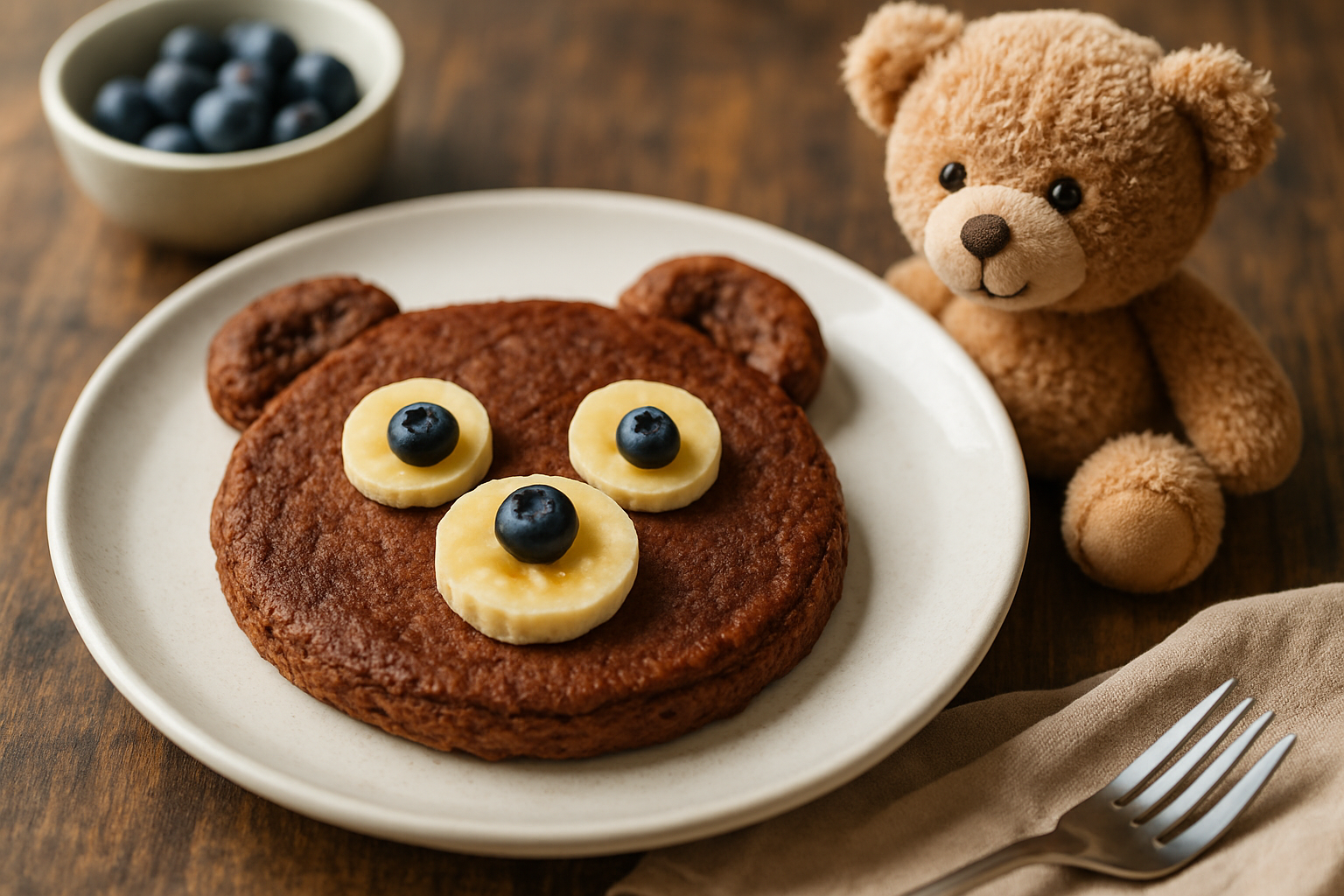 Pyszne śniadanie w kształcie misia z naleśnika, ozdobione plasterkami banana i borówkami, obok pluszowy miś na drewnianym stole. Idealny pomysł na zabawne jedzenie dla dzieci.